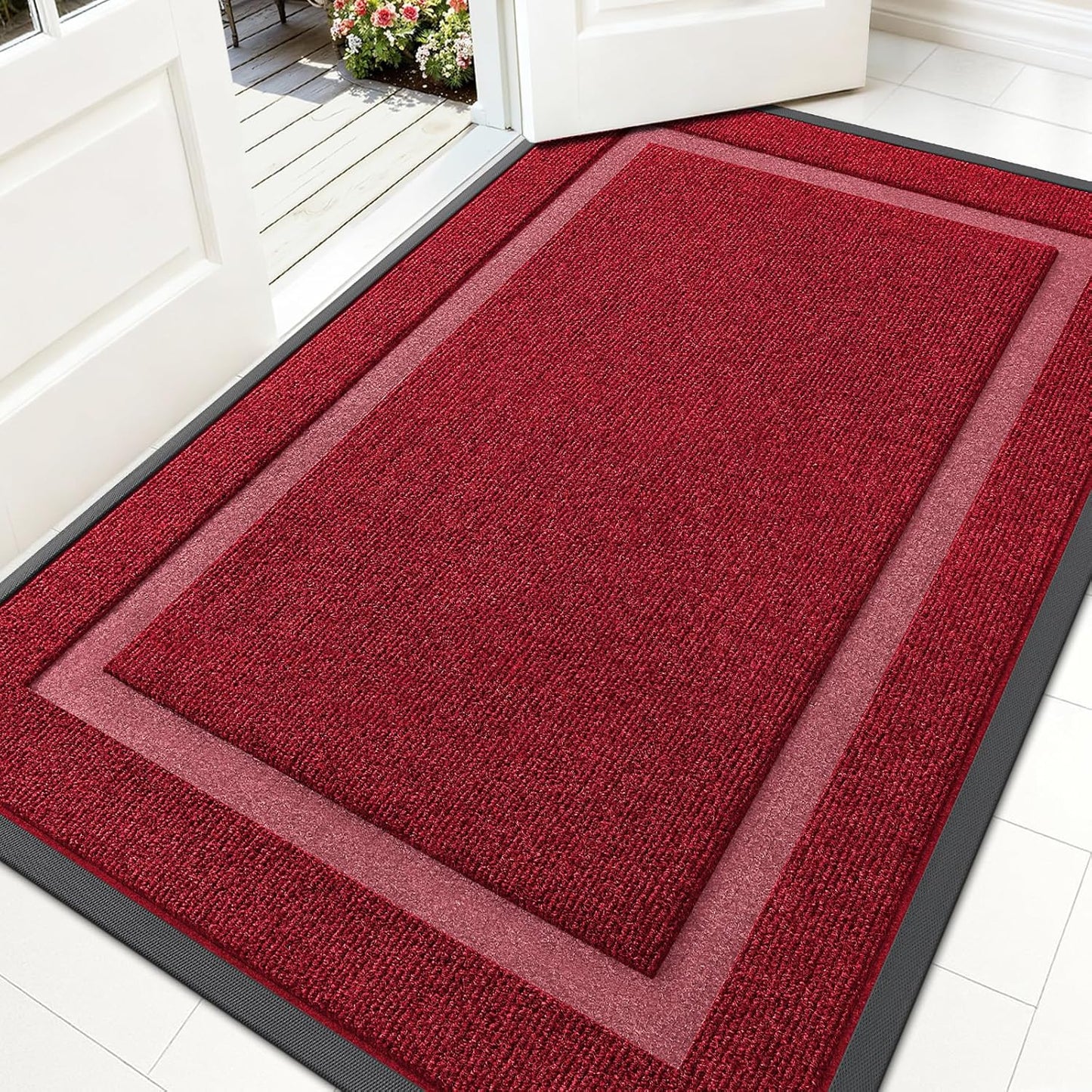 OLANLY Front Door Mat Indoor Outdoor Entrance, Waterproof All-Season, All-Weather Doormat, Sturdy Natural Rubber, Fade Resistant, Low Profile, Easy Clean Patio Porch Entryway Mat, 59x35, Wine Red