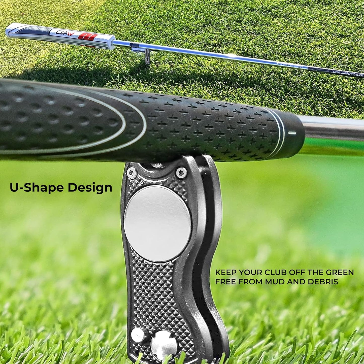 Golf Divot Tool with Magnetic Ball Marker, Multifunctional Divot Tool, Foldable Fork,Fix Divots, Clean Clubs and Cleats, U Shape Bottom can Hold Club