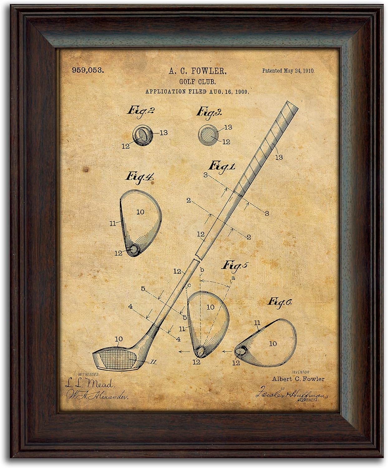 Personal-Prints | Golf Vintage Style US Patent Prints Wall Art | Framed Behind Acrylic Golfer Décor Featuring a Golf Club, Golf Tee, Golf Bag and Golf Ball (Golf Club)