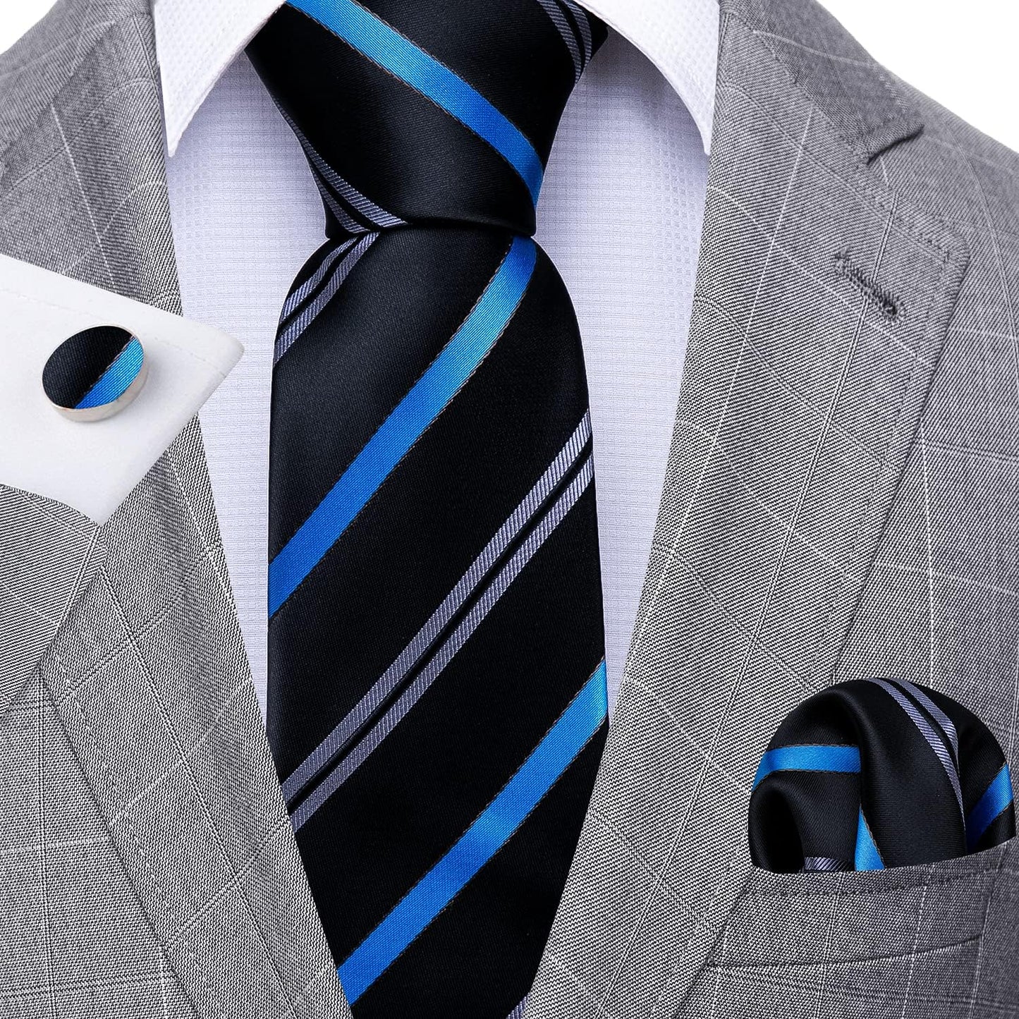 Barry.Wang Designer Classic Ties for Men Set Formal Pocket Square Cufflink Check Plaid