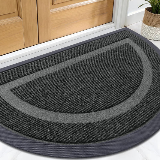 OLANLY Half Circle Door Mat Indoor Outdoor Entrance Welcome, Waterproof All-Season, All-Weather Doormat, Sturdy Natural Rubber, Low Profile, Easy Clean Patio Porch Entryway Mat, 29.5x17, Black