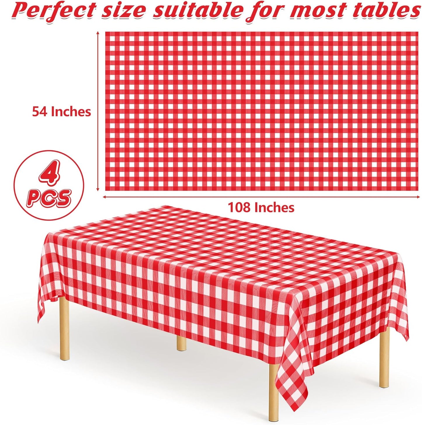 4Pack Plastic Table Cloth Ddisposable, 54" x 108" Table Cloth Rectangle Table, Waterproof Red and White Checkered Tablecloth, Outdoor Picnic Table Cover for Birthday Party Gathering Holiday Dinner