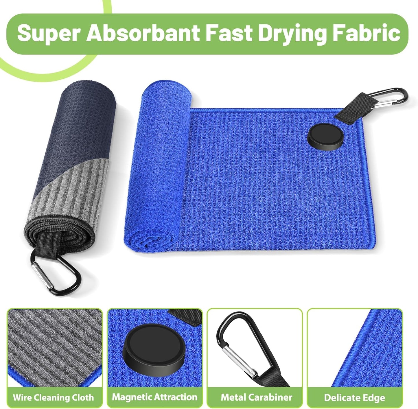 2 Pack Magnetic Golf Towel for Golf Bags with Clips, Wire Cleaning Cloth, Ultra Absorbent Microfiber, Waffle Pattern Golf Towel with Magnet for Men Women, Golf Accessories for Golf Carts or Clubs