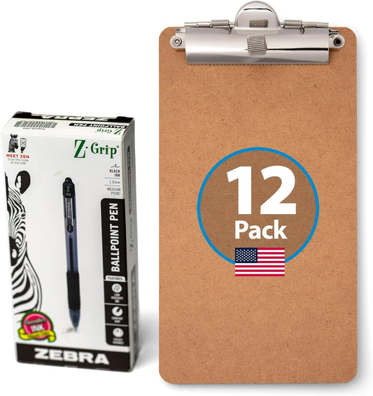 Officemate 5" x 9" Clipboard for Receipts, Low Profile Metal Clip & Pen Holder on Top, Memo Size for Restaurants, Hotels, Food Trucks, Bars, Schools, 12 Clipboards + 12 Zebra Pens (83157)