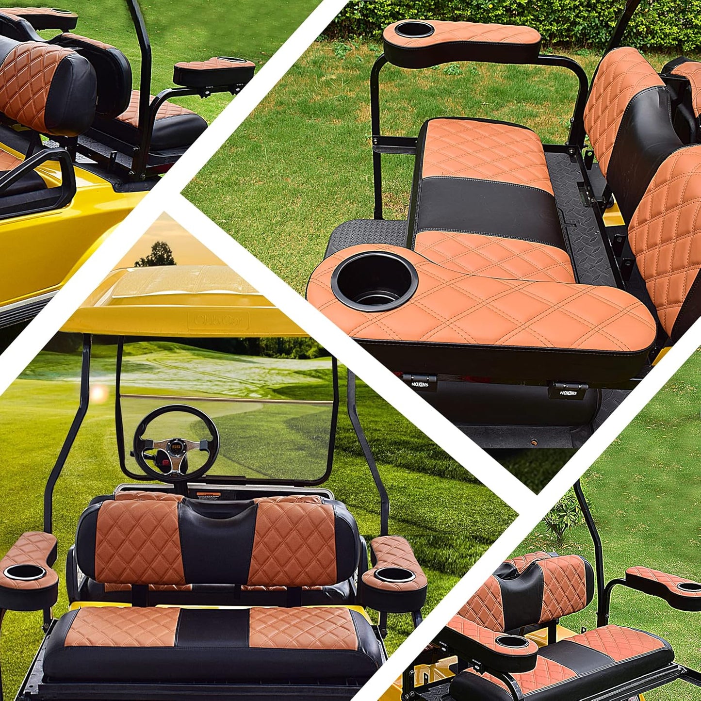 NOKINS Golf Cart Diamond Flip Armrest with Cup Holder, No Drilling Required, Golf Cart Folding Hinged Armrest, Inward Mount, for Club Car EzGo Yamaha Back Seat Kit