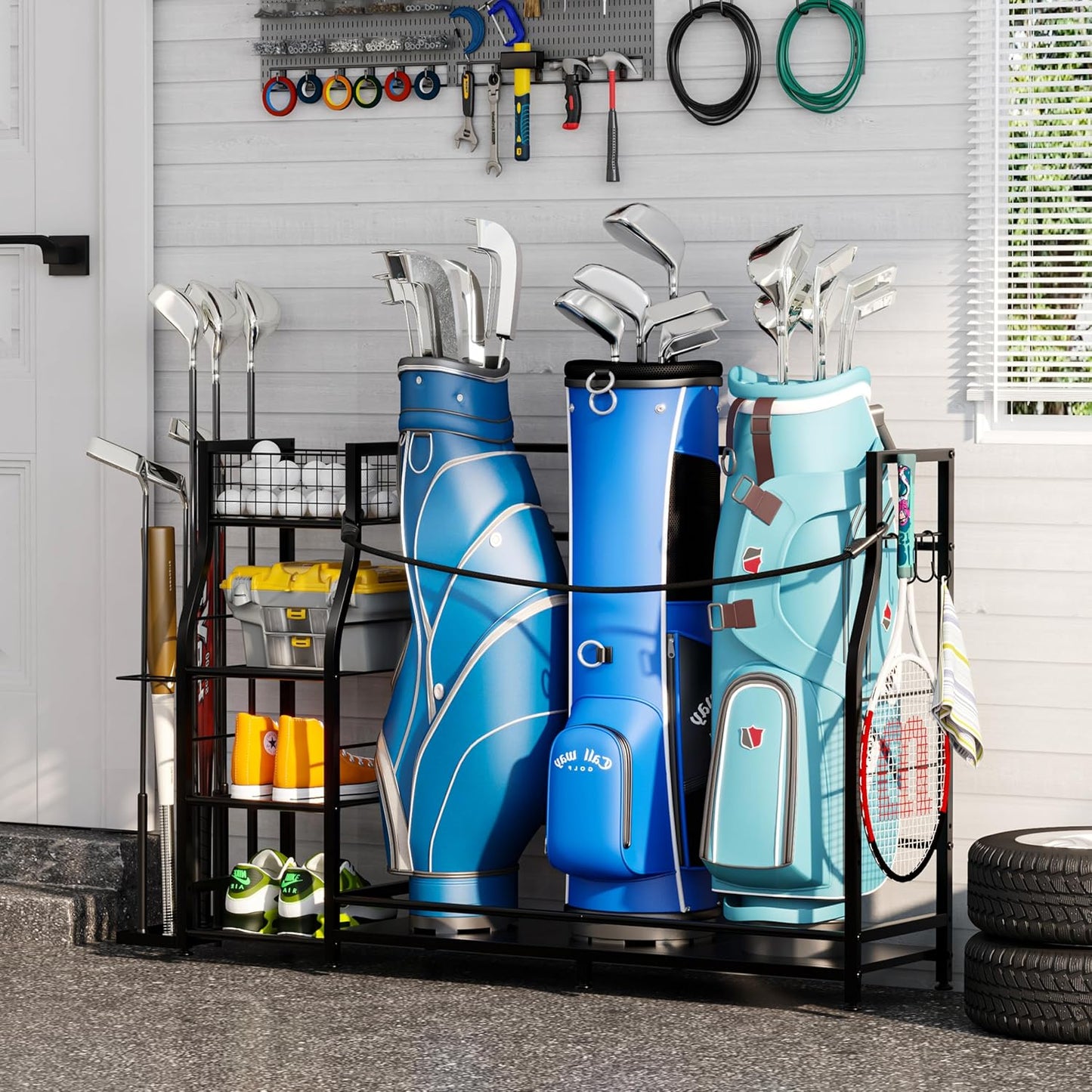 Golf bag stand for Golf Bag Accessories, Golf Bag Storage Organizer Fits 3 Bags for Garage Organization, Golf Organizer with Extra Storage Rack for Golf Clubs & Golf Essentials, Golf Gifts for Men