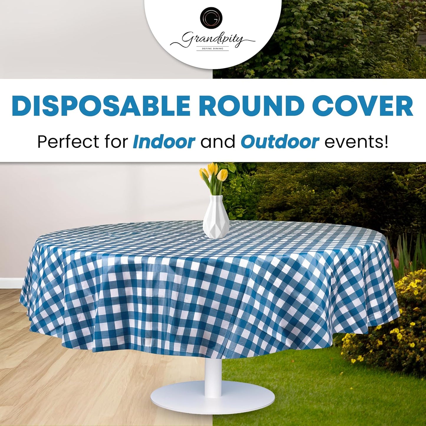 Grandipity 12 Pack Premium Disposable Plastic Picnic Tablecloth 84" Inch Decorative Round Table Cover - Blue Checkered Gingham