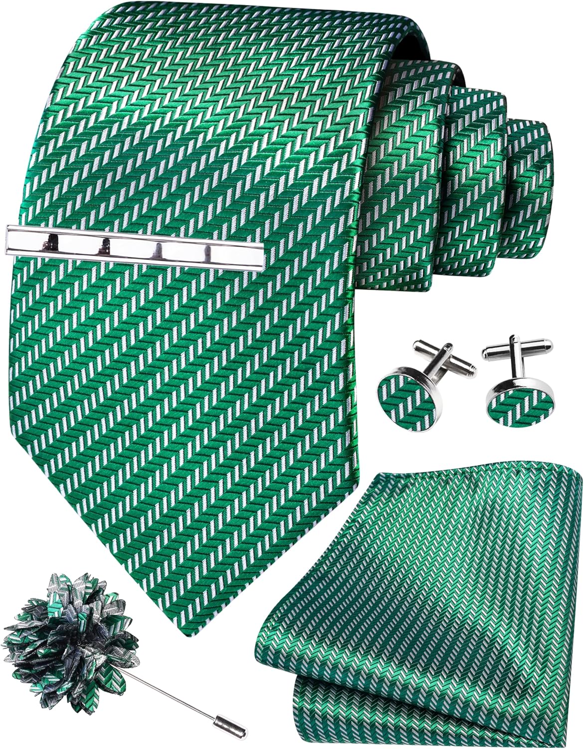 GUSLESON Tie Set for Men Necktie and Pocket Square,Tie Clip,Cufflinks, Lapel Pin Sets with Gift Box 5PCS