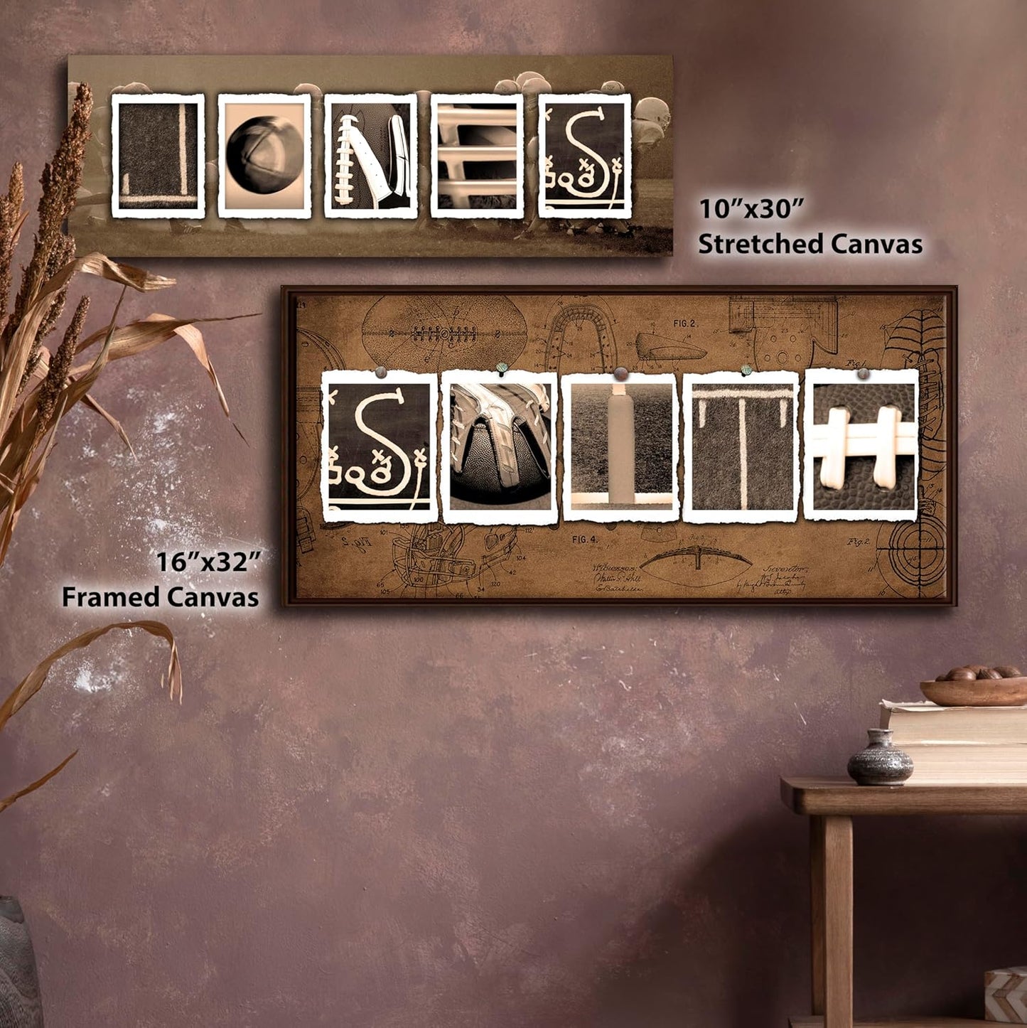 FOOTBALL Personalized Name Art Decor print for man cave, boys room, or office! (16"x32" Float Framed Canvas - VINTAGE)