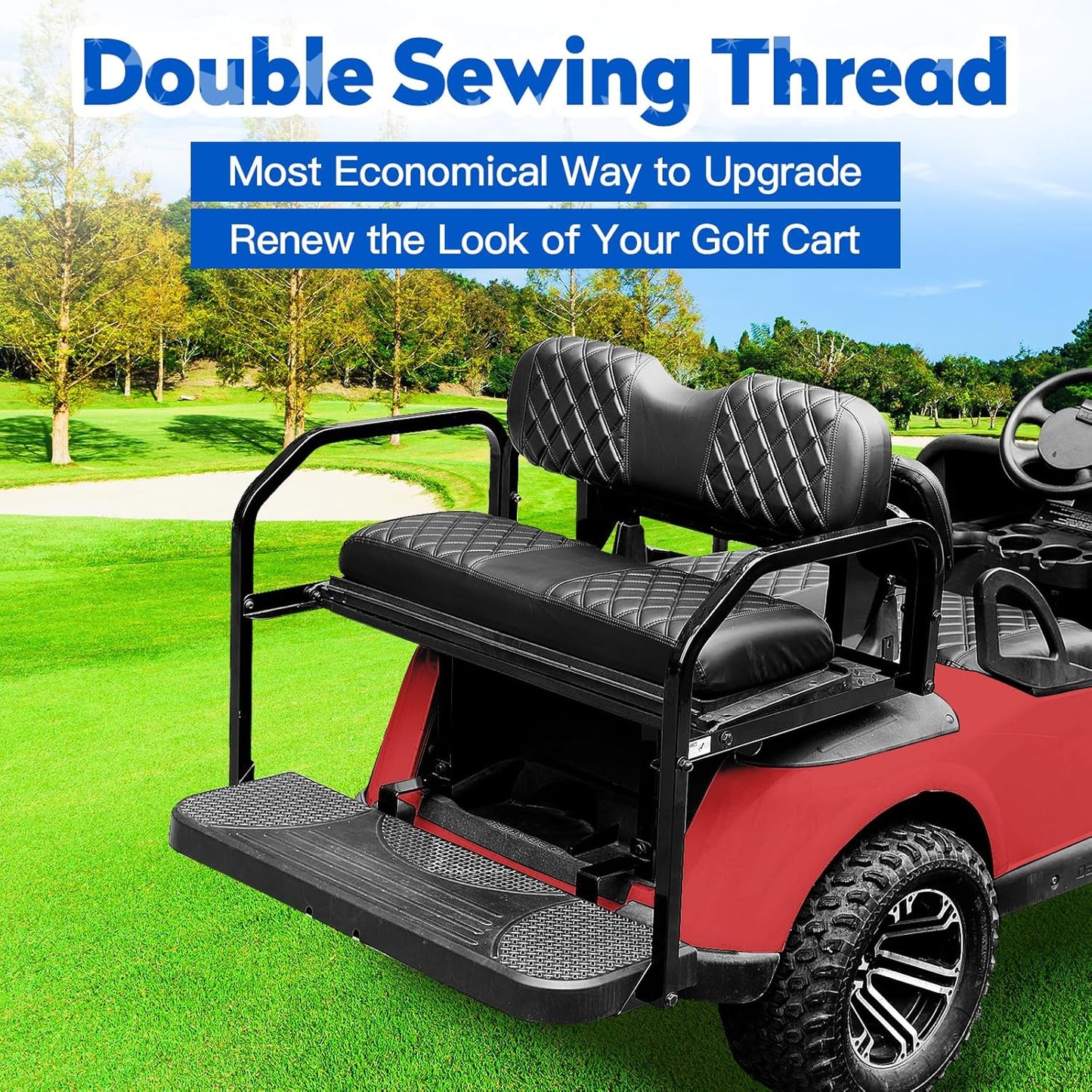 NOKINS Golf Cart Front&Rear Seat Covers Kit, Front Seat Covers Fits Club Car Precedent/Tempo/Onward Premium Seat Cushion, Rear Seat Covers Fits Aftermarket Standard Cushion (Black&Black Stitch)