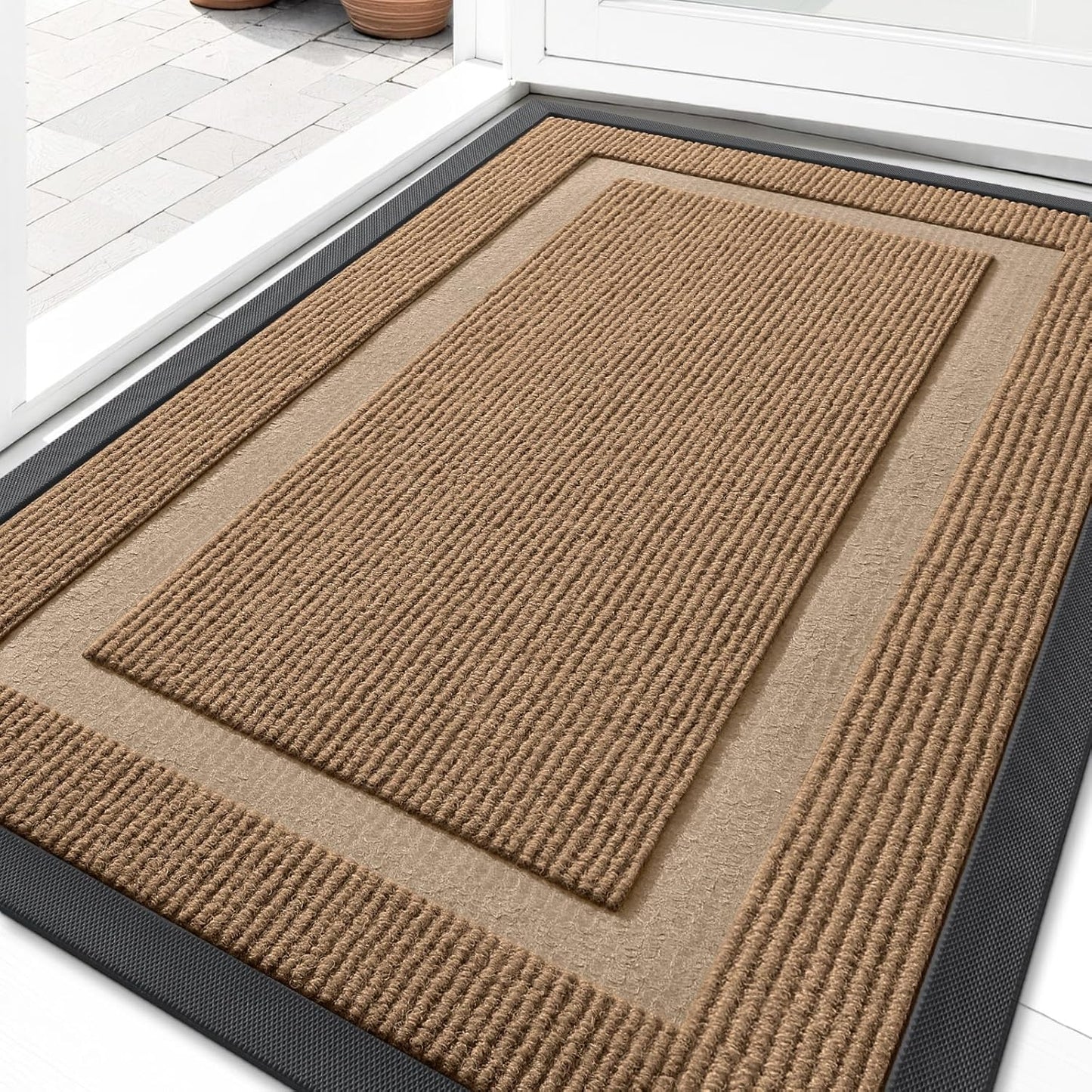 OLANLY Front Door Mat Indoor Outdoor Entrance, Waterproof All-Season, All-Weather Doormat, Sturdy Natural Rubber, Fade Resistant, Low Profile, Easy Clean Patio Porch Entryway Mat, 35x23, Light Borwn