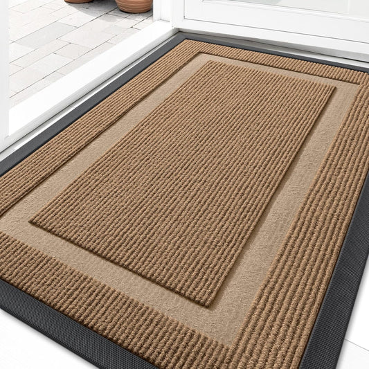 OLANLY Front Door Mat Indoor Outdoor Entrance, Waterproof All-Season, All-Weather Doormat, Sturdy Natural Rubber, Fade Resistant, Low Profile, Easy Clean Patio Porch Entryway Mat, 29.5x17, Light Brown