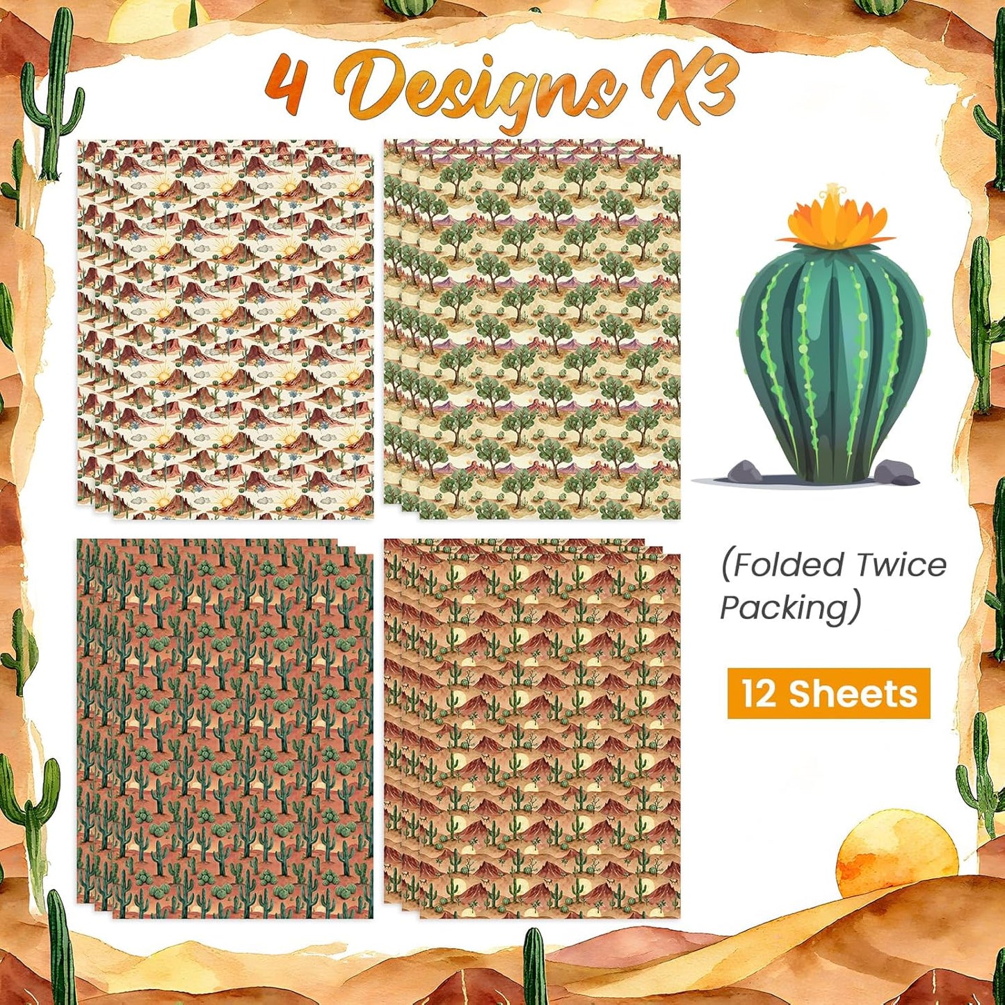 Pineraap Desert Wrapping Paper 12 Sheets Cactus Weatern Design Gift Wrap for Birthday,Holiday,20"×28"