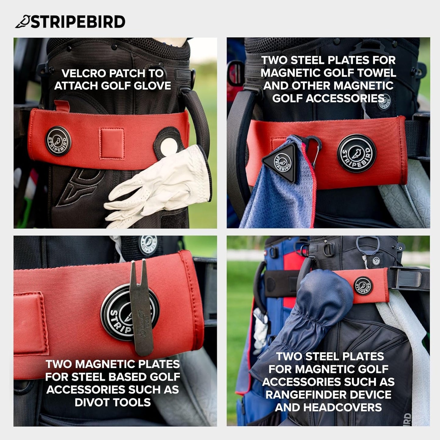 Stripebird - Premium Golf Cart Strap Sleeve Protector - Save Your Golf Bag from Golf Cart Straps - Includes Magnetic and Steel Plate for Magnetic Golf Accessories