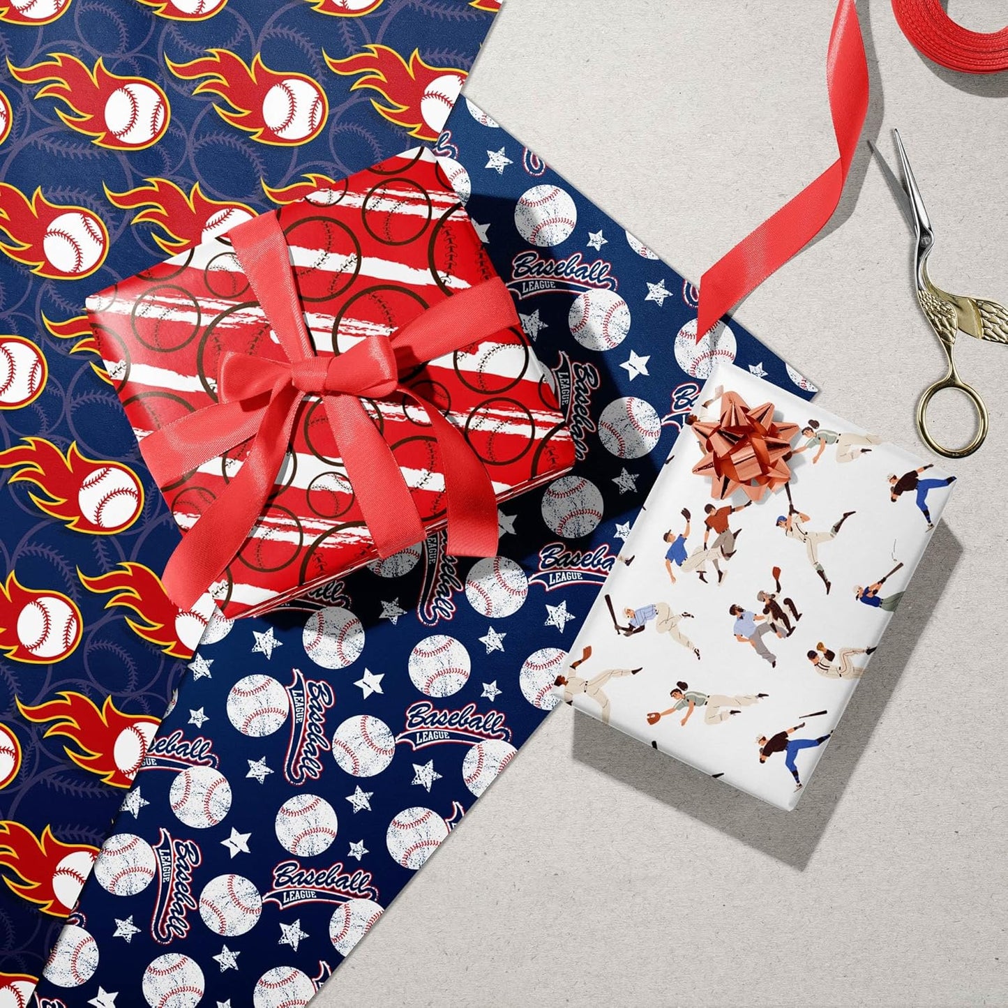 WAPLIGHAL Baseball Wrapping Paper for Kids Boys - Baseball, Flames and Stars Design - Gift Wrapping Paper for Birthday Holiday - 20×29 Inches, 8 Folded Sheets
