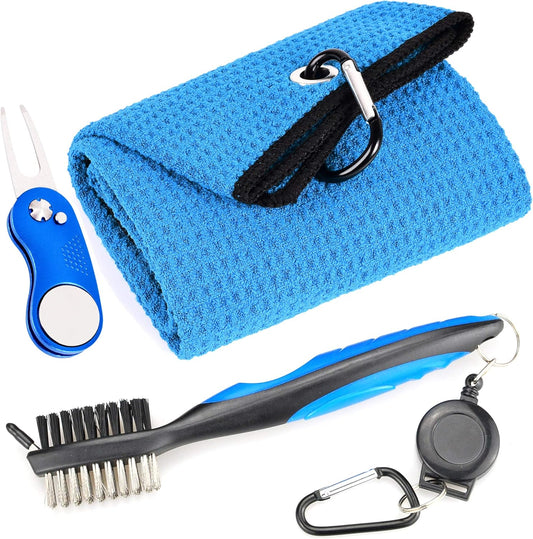 Mile High Life Microfiber Waffle Pattern Golf Towel | Club Groove Cleaner Brush | Foldable Divot Tool with Magnetic Ball Marker (Blue Towel/Brush/Curve Divot)