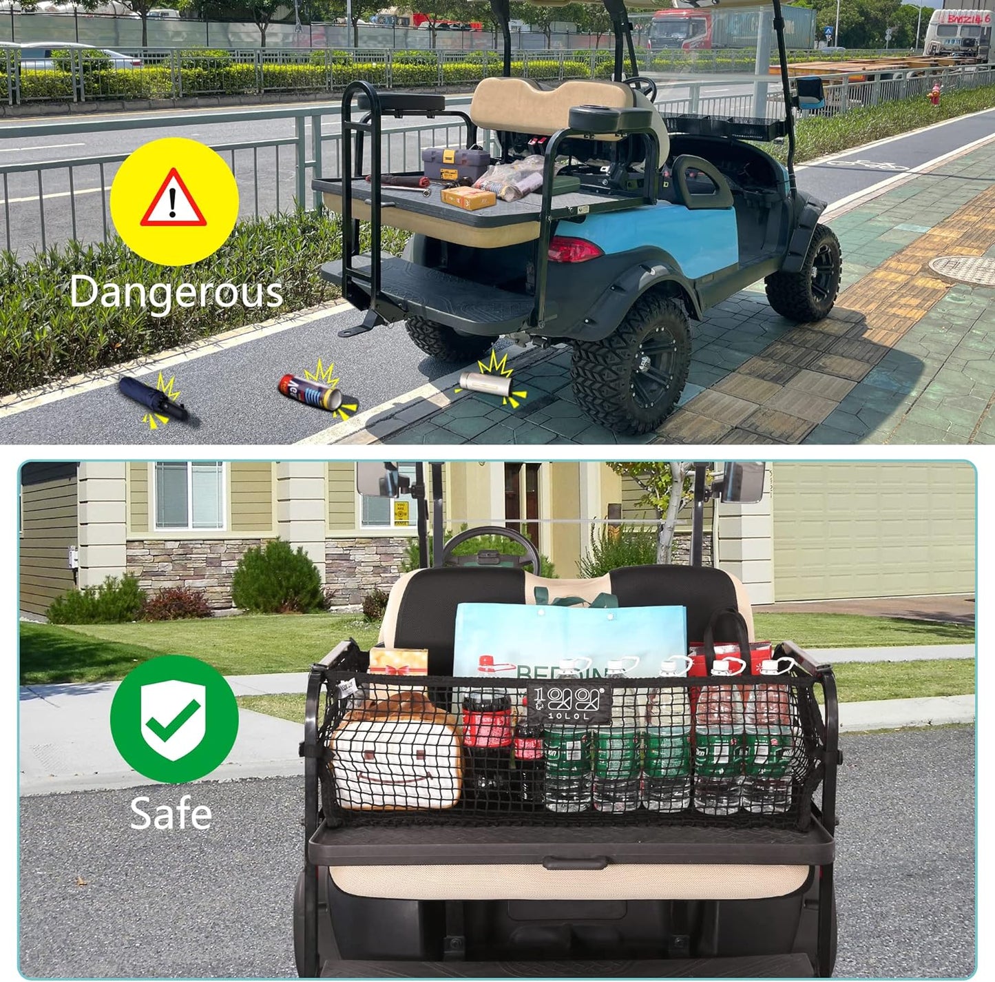 10L0L 4 Passenger Golf Cart Cargo Net for Yamaha,Club Car,EZGO, Adjustable Elastic Storage Net, Simple Golf Cart Cargo Mesh Organizer Nets with Strong Buckle