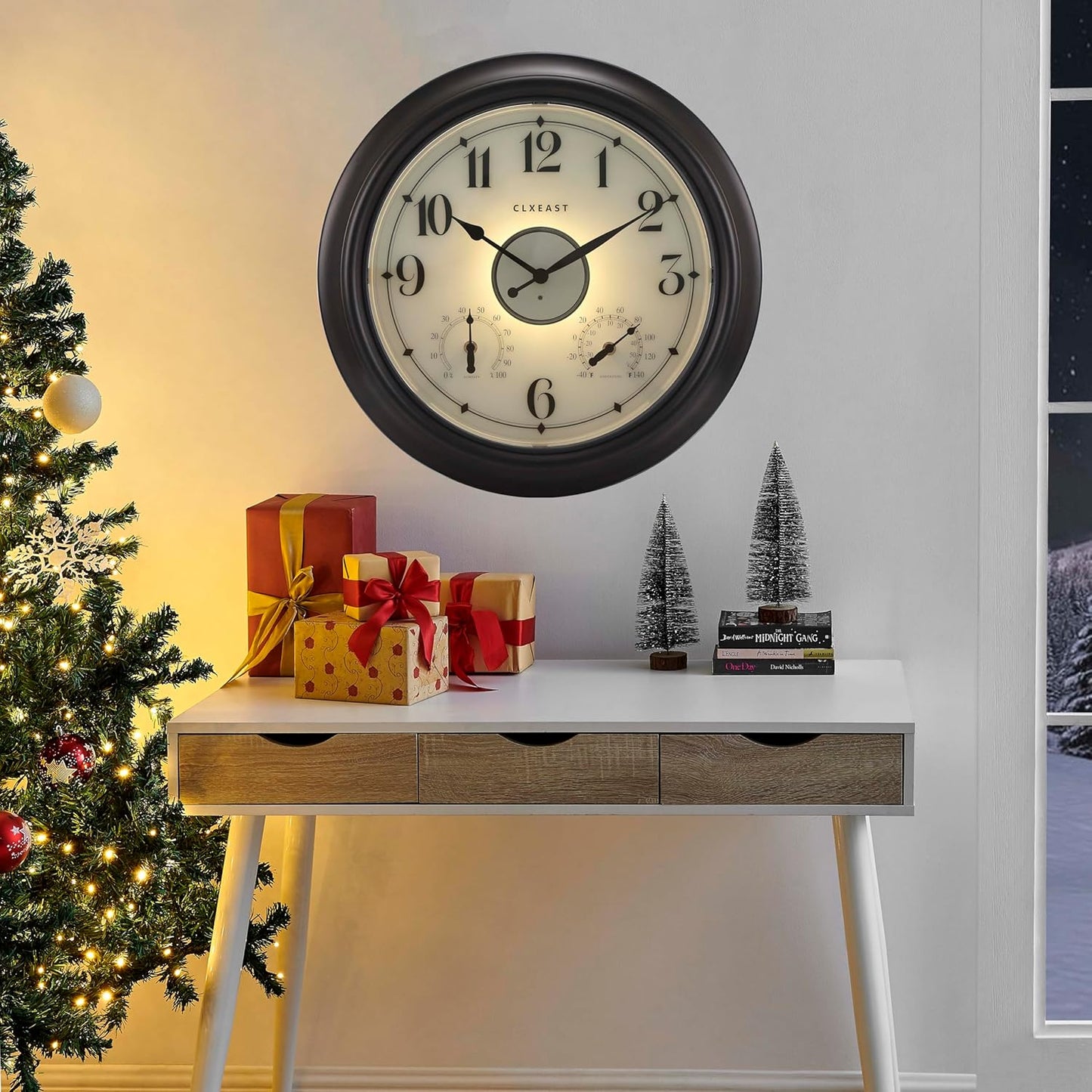 CLXEAST Illuminated Indoor Outdoor Clocks Waterproof 18 inch with Smart Night Light Sensor,Large Wall Clock with Thermometer & Hygrometer,Oil Rubbed Bronze Black,House Warming Gifts New Home