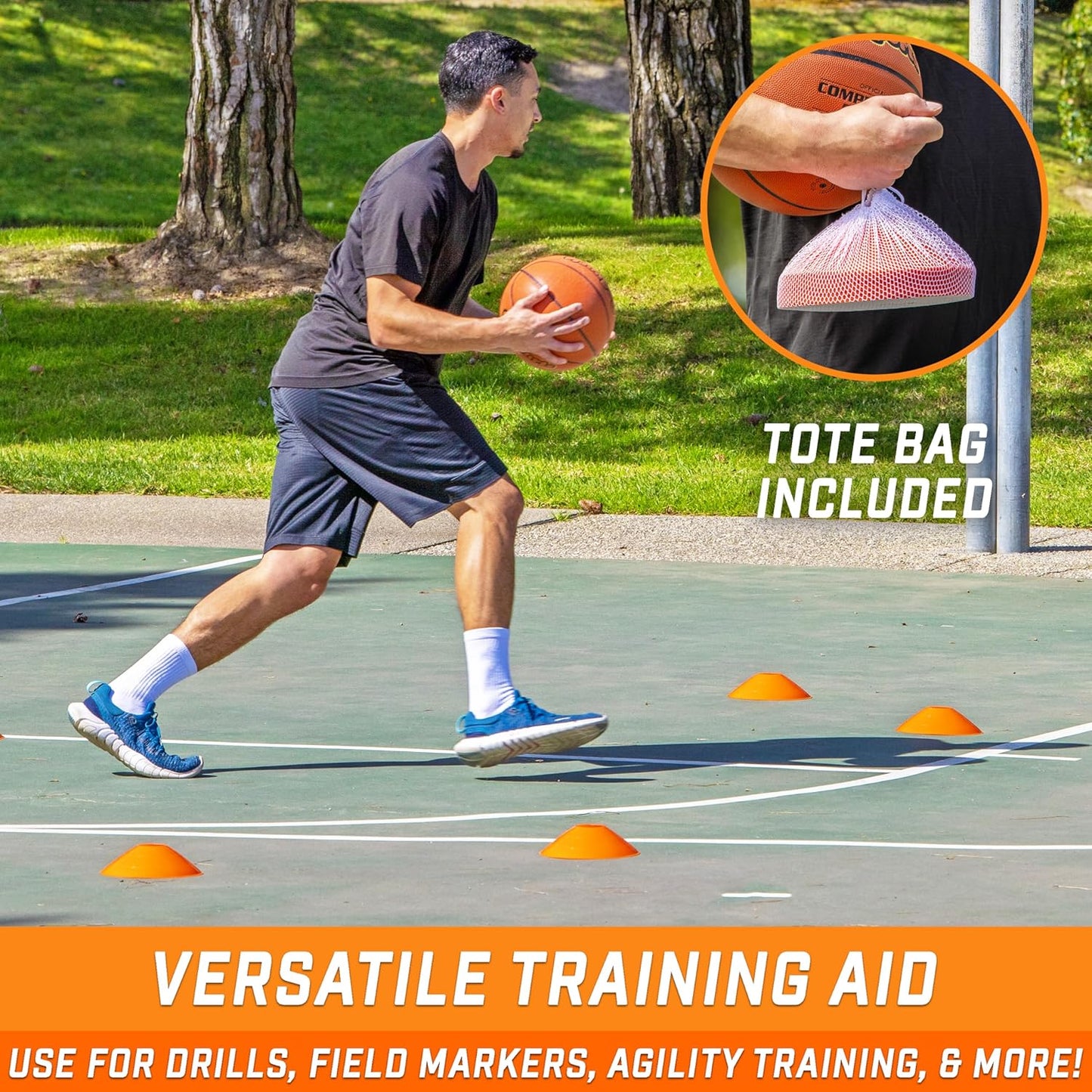 GoSports Premium Sports Cones for Agility Training and Drills - 20 Pack with Tote - Orange, Green, Pink, Yellow, or Red