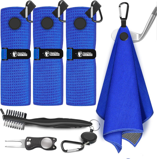 Magnetic Golf Towel, 3 PCS Microfiber Golf Towels with Brush and Divot Tool for Men, Industrial Strength Magnet Accessories for Strong Hold to Golf Bags, Carts or Clubs (3 Pack Blue)