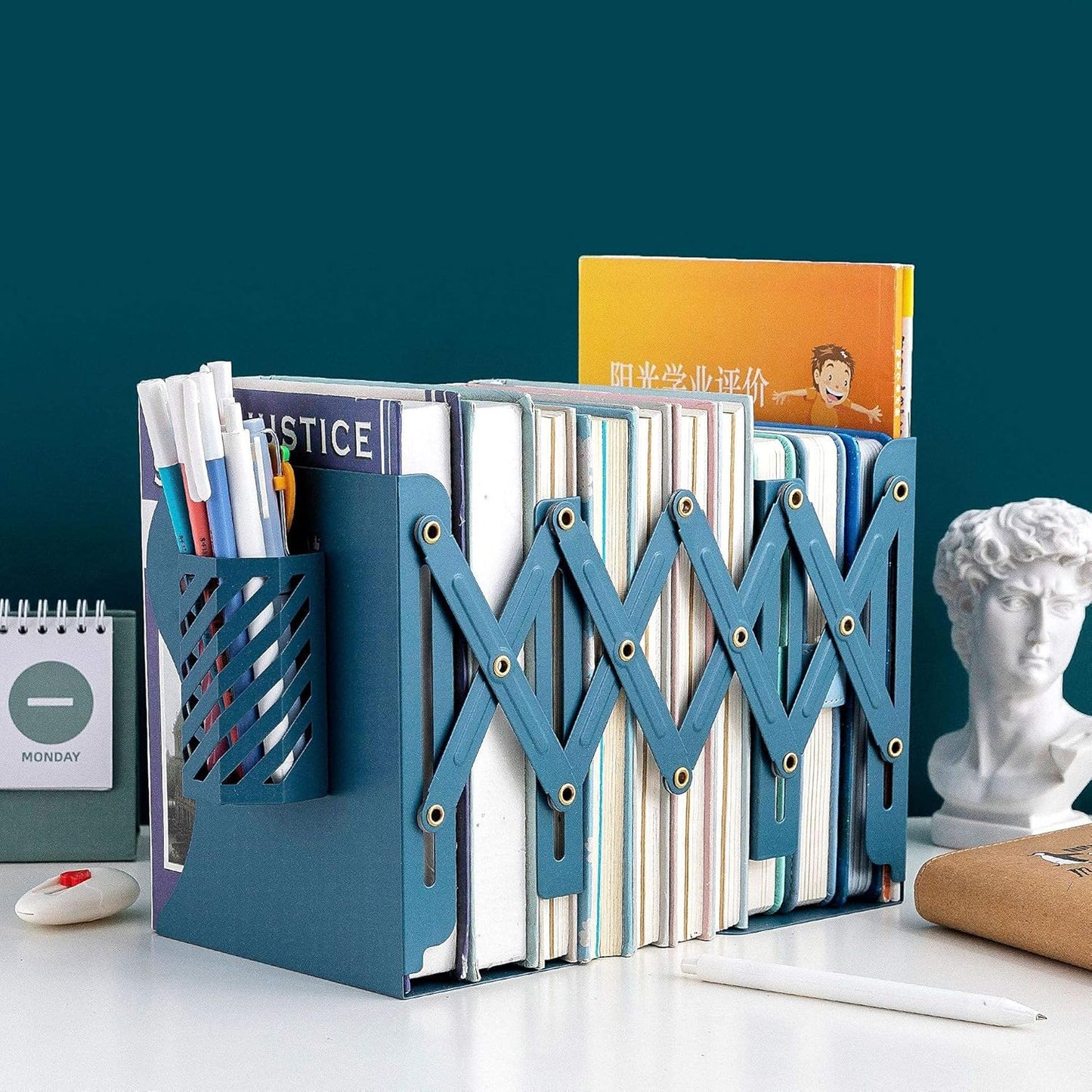 Adjustable Bookends Metal Book Ends for Heavy Book Holder Heavy Duty Bookends Nonskid Bookcase Desktop Book Organizer Binder Holder (Blue)