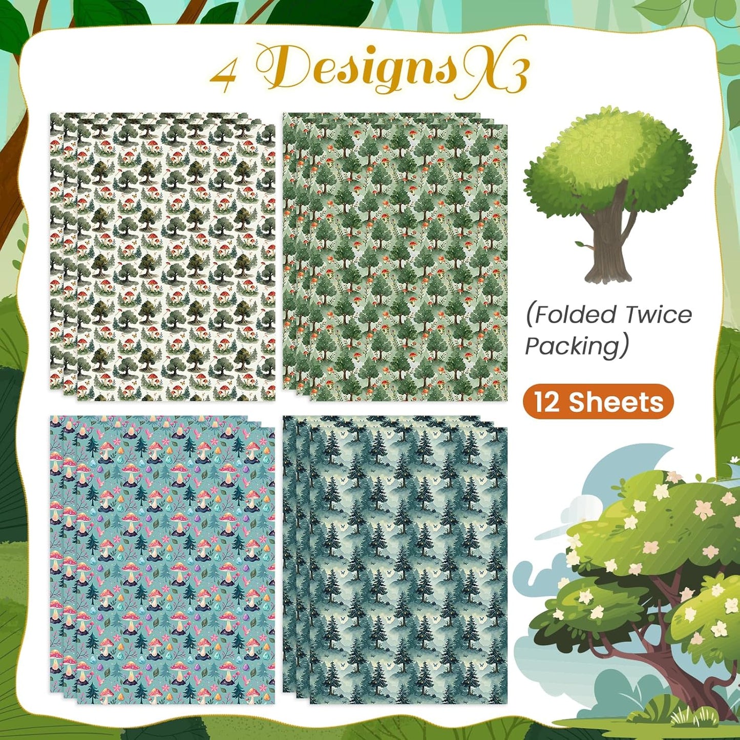Pineraap Mushroom Wrapping Paper 12 Sheets Forest Woodland Gift Wrap for Nature Lovers,Birthday,Baby Shower,20"×28"