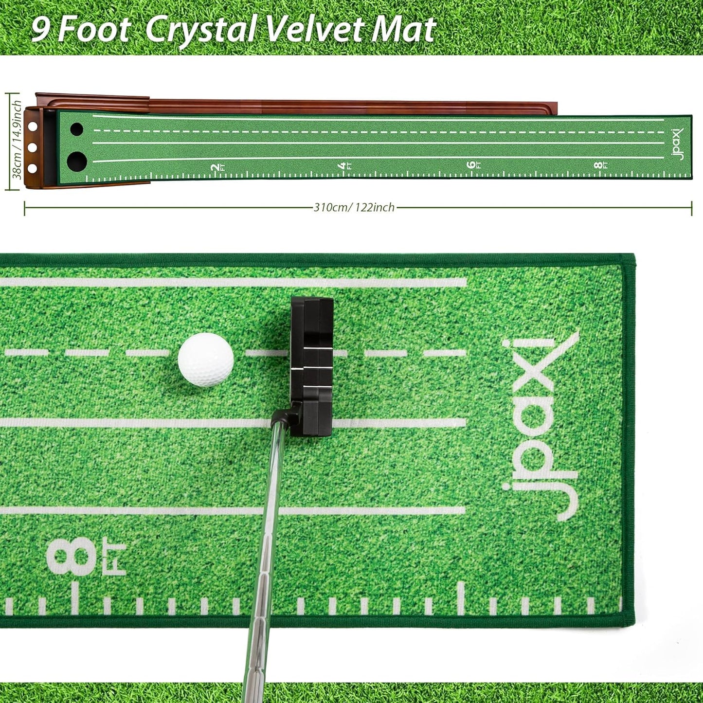 Golf Putting Mat with Ball Return - Putting Green Indoor Featuring 9ft Non-Slip Velvet Surface for Indoor & Outdoor - Smooth, Skip-Free Walnut Ball Return System - Golf Practice Mat for Backyard