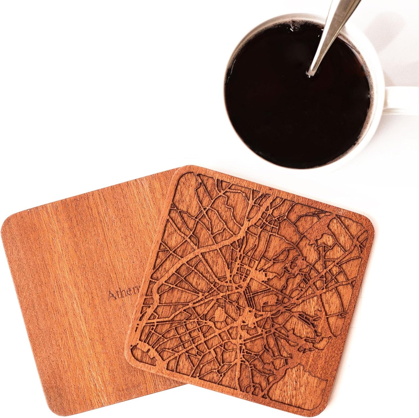 Athens Map Coaster by O3 Design Studio, Set Of 4, Sapele Wooden Coaster With City Map, Handmade