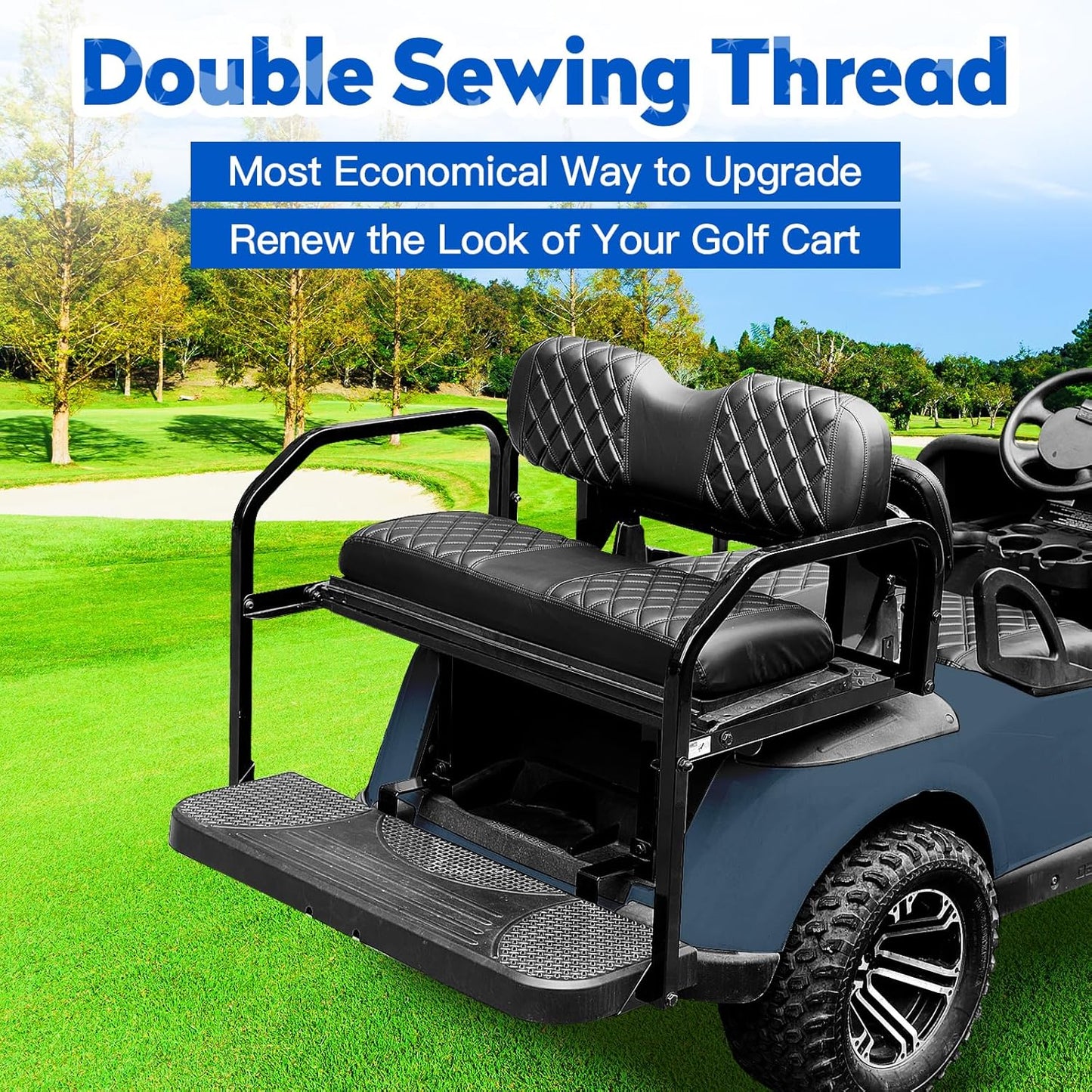 NOKINS 4PCS Golf Cart Seat Covers Kit, Front and Rear Seat Covers Fits Club Car Precedent Standard Seat Cushion, Club Car Vinyl Seat Covers Accessories, No Staples(Black&Black Stitch)