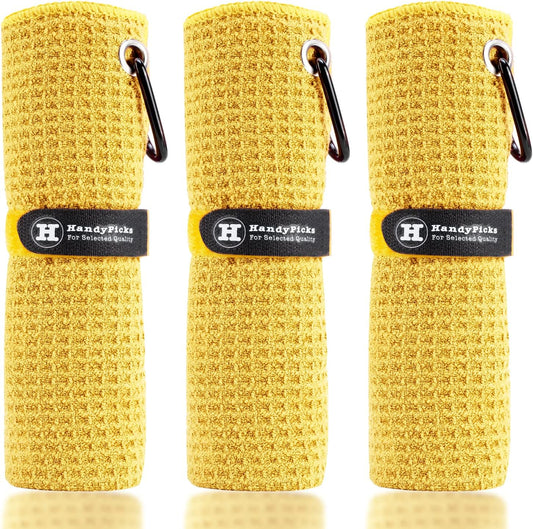 Handy Picks Microfiber Golf Towel (16" X 16") with Carabiner Clip, Waffle Pattern Golf Towel Hook and Loop Fastener - The Convenient Golf Cleaning Towel