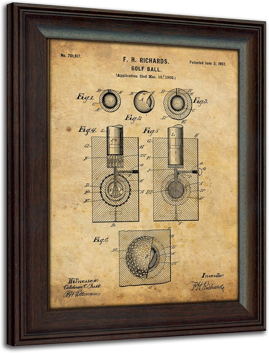 Personal-Prints | Golf Vintage Style US Patent Prints Wall Art | Framed Behind Acrylic Golfer Décor Featuring a Golf Club, Golf Tee, Golf Bag and Golf Ball (Golf Ball)