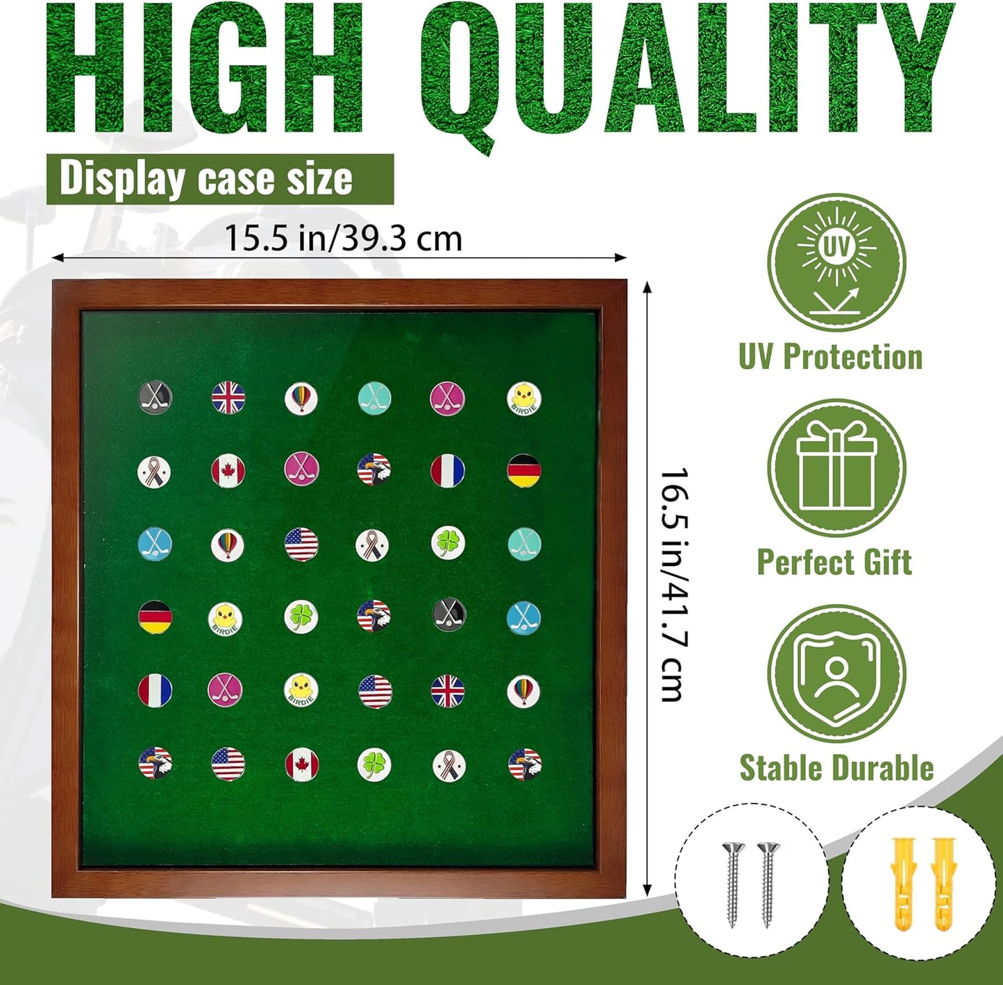 100 Golf Ball Marker Display Case Magnetic 15.5" W x 16.5" H Wall Mounted Ball Marker Display Frame Shadow Box Acrylic Cover Magnetic Back Panel Suitable for Collecting Golf Ball Marker