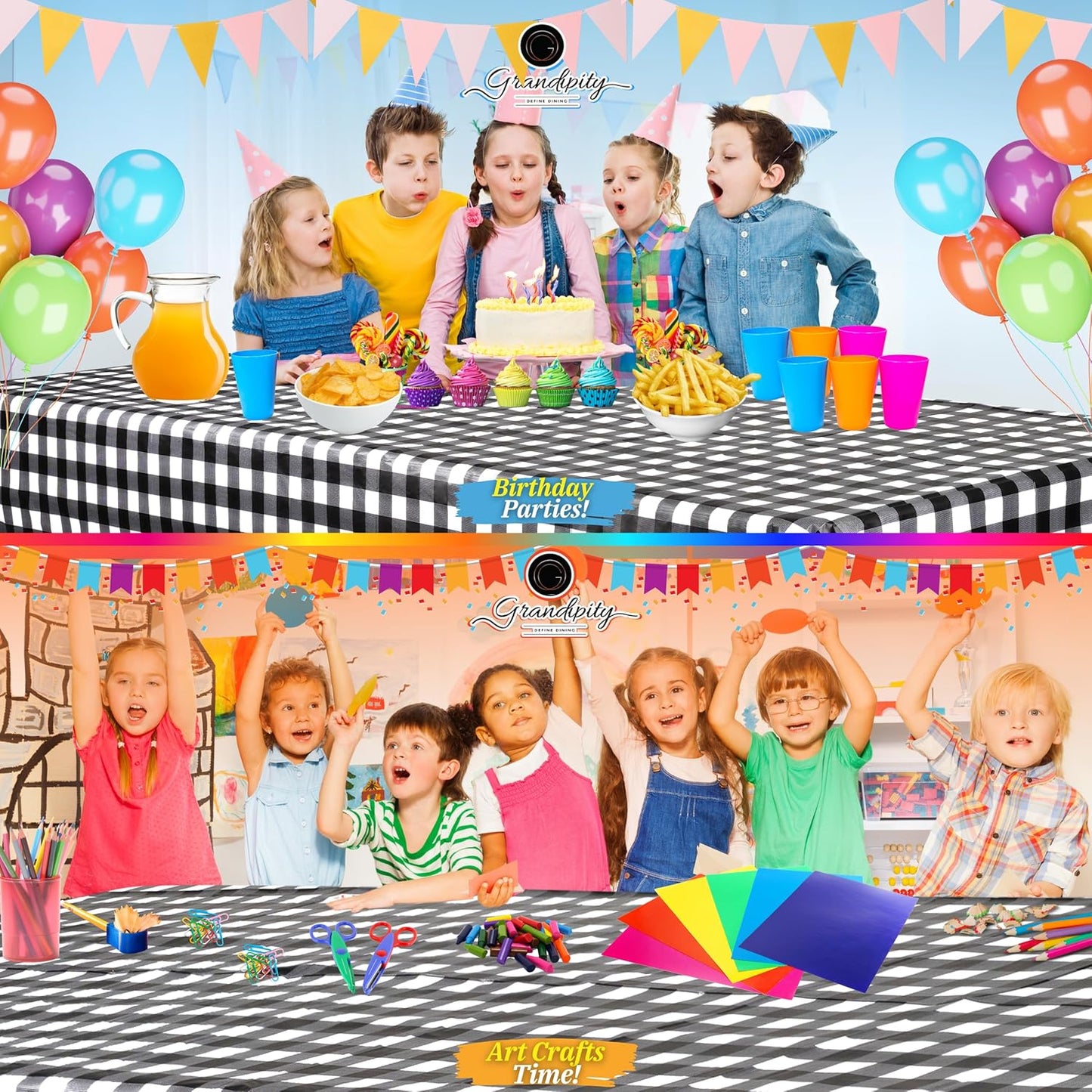 Grandipity 12 Pack Premium Disposable Plastic Tablecloth 54 Inch. x 108 Inch. Decorative Rectangle Checkered Table Cover - Black Checkered Gingham