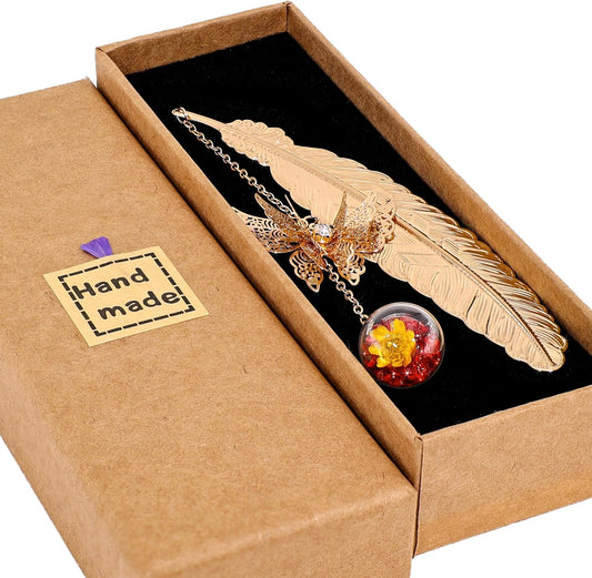 Metal Feather Bookmark with Butterfly Charm – Christmas Gifts for Women, Teachers & Book Lovers – Stocking Stuffers, Secret Santa, Birthday & Holiday Gift Box