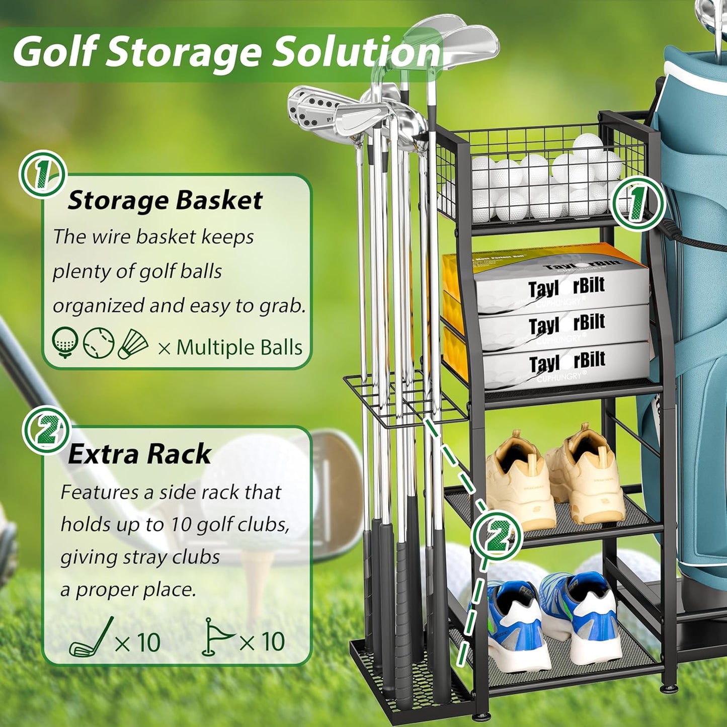 Golf bag stand for Golf Bag Accessories, Golf Bag Storage Organizer Fits 3 Bags for Garage Organization, Golf Organizer with Extra Storage Rack for Golf Clubs & Golf Essentials, Golf Gifts for Men