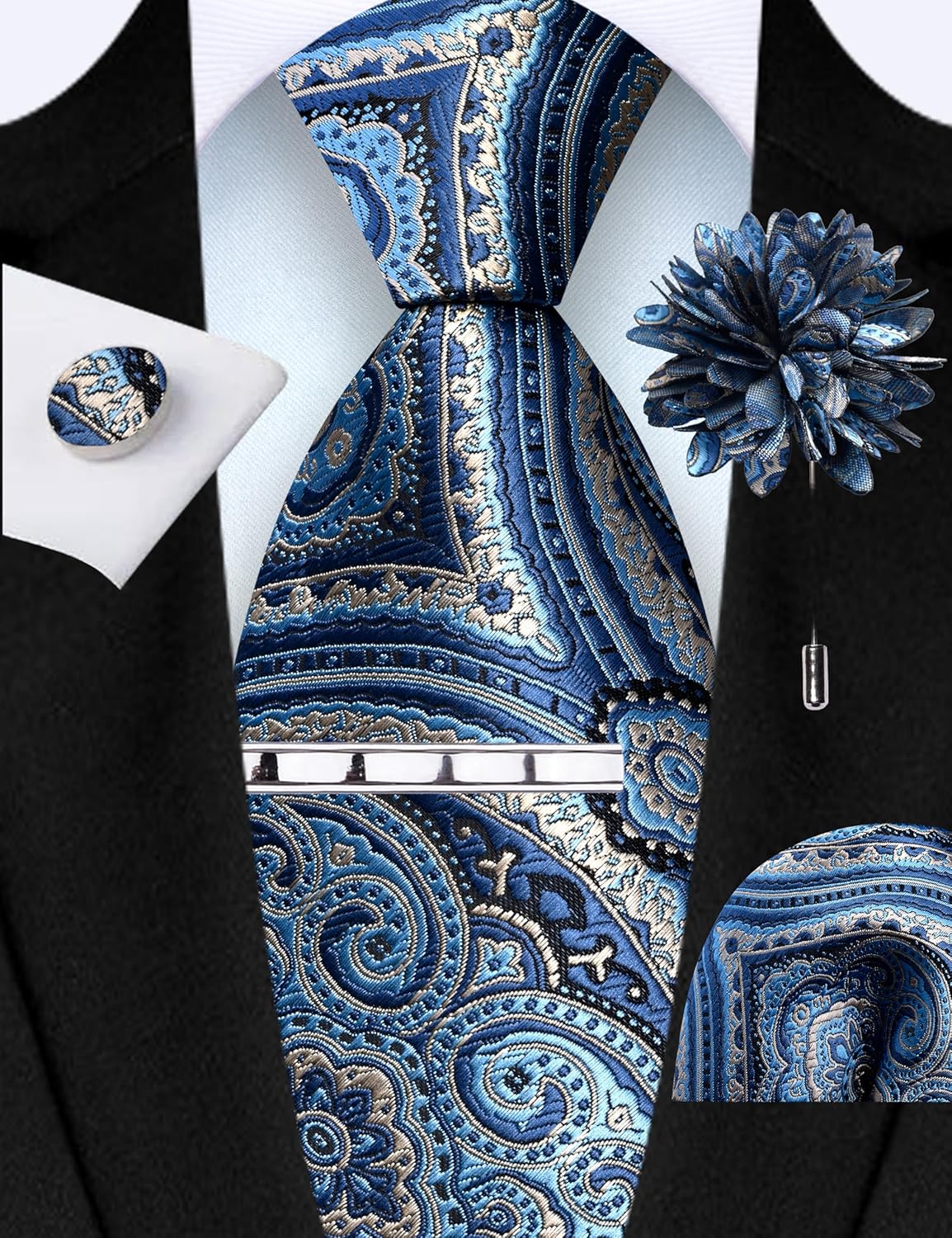 GUSLESON Tie Set for Men Necktie and Pocket Square,Tie Clip,Cufflinks, Lapel Pin Sets with Gift Box 5PCS