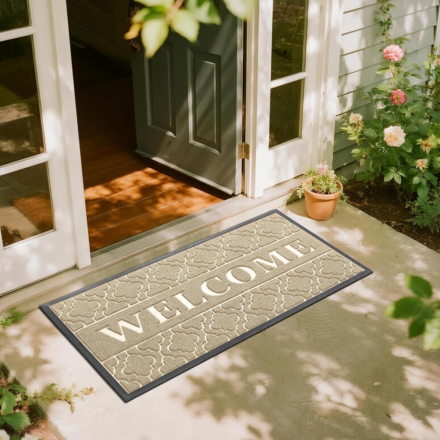 Yimobra Welcome Mat Outdoor Indoor, All-Season Waterproof Front Door Mat Outside Entrance, All-Weather Heavy Duty Non-Slip Doormat, Low Profile Porch Patio Entrance Mats, 47x24, Beige