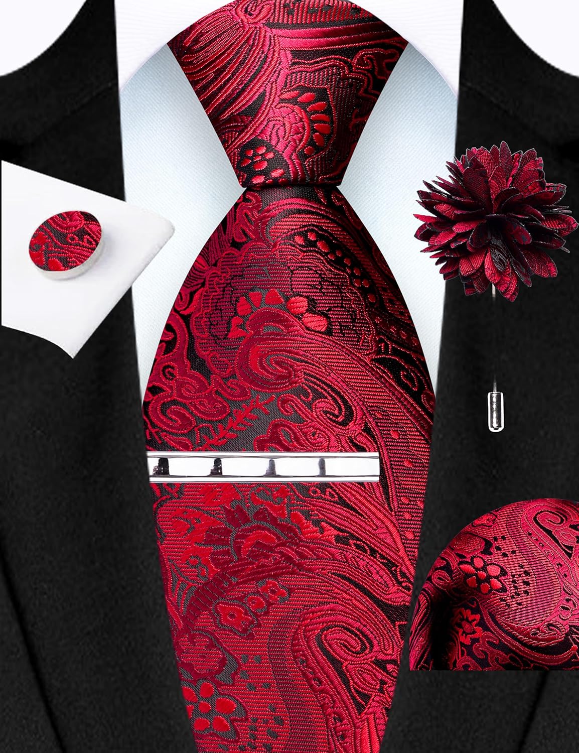 GUSLESON Tie Set for Men Necktie and Pocket Square,Tie Clip,Cufflinks, Lapel Pin Sets with Gift Box 5PCS