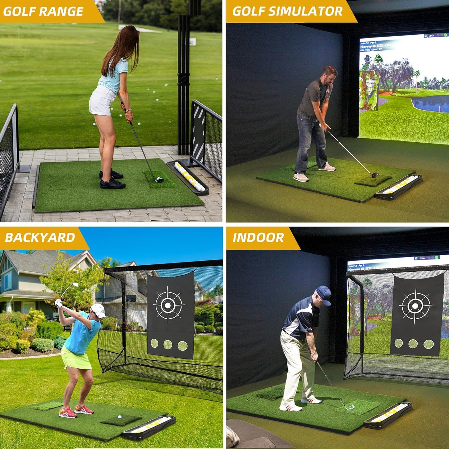 5x4ft Golf Hitting Mat, Thickened 21mm/31mm/36mm Artificial Turf Golf Practice Mats for Indoor Outdoor Backyard Driving Swing Training with 9 PU Balls, 3 Rubber Tees, 7 Tees