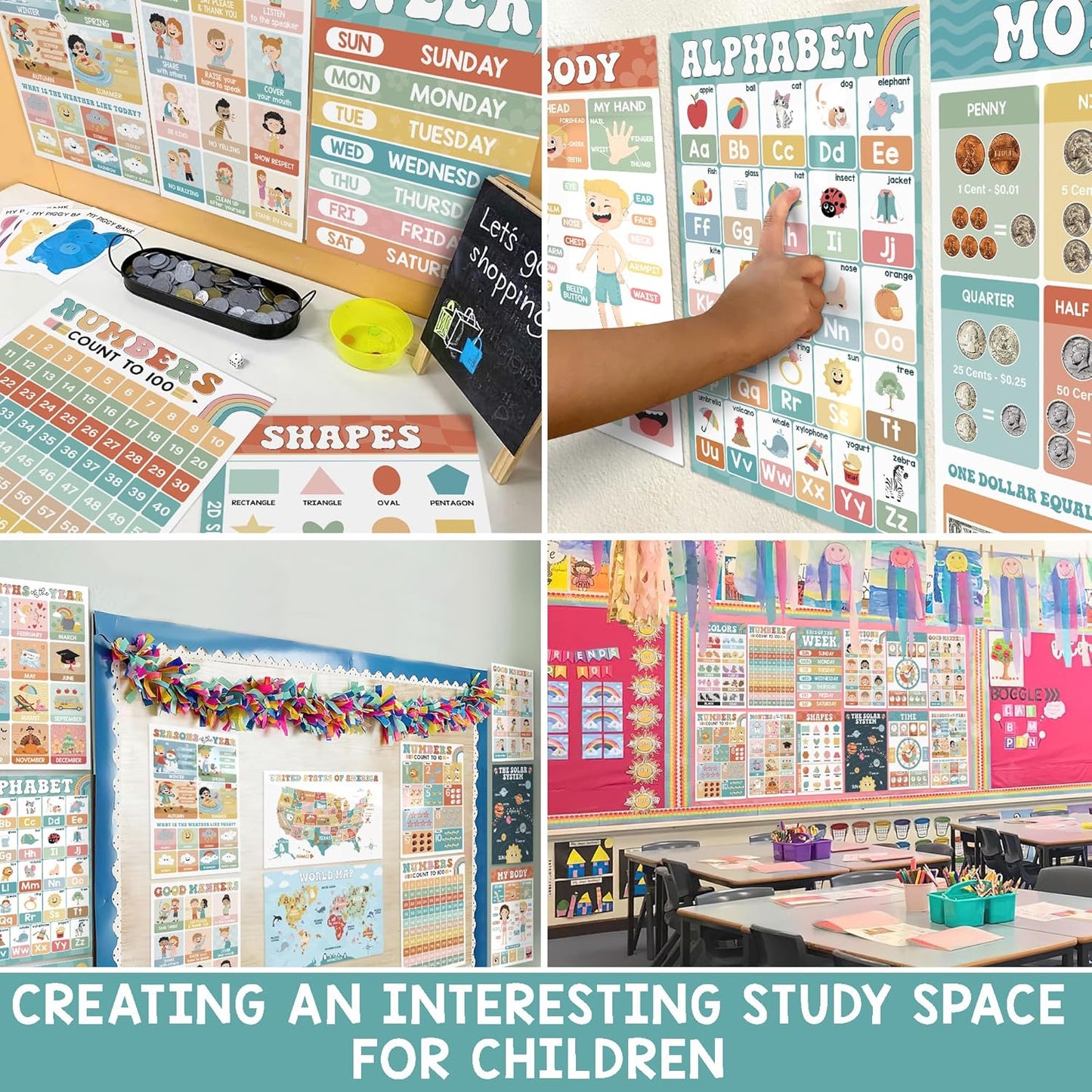 BEAWART 16 Boho Groovy Educational Posters for Preschoolers - Laminated Pre-K and Kindergarten Learning Poster Charts for Toddlers 1-3-5 - Homeschool and Classroom Decor for Kids' Walls