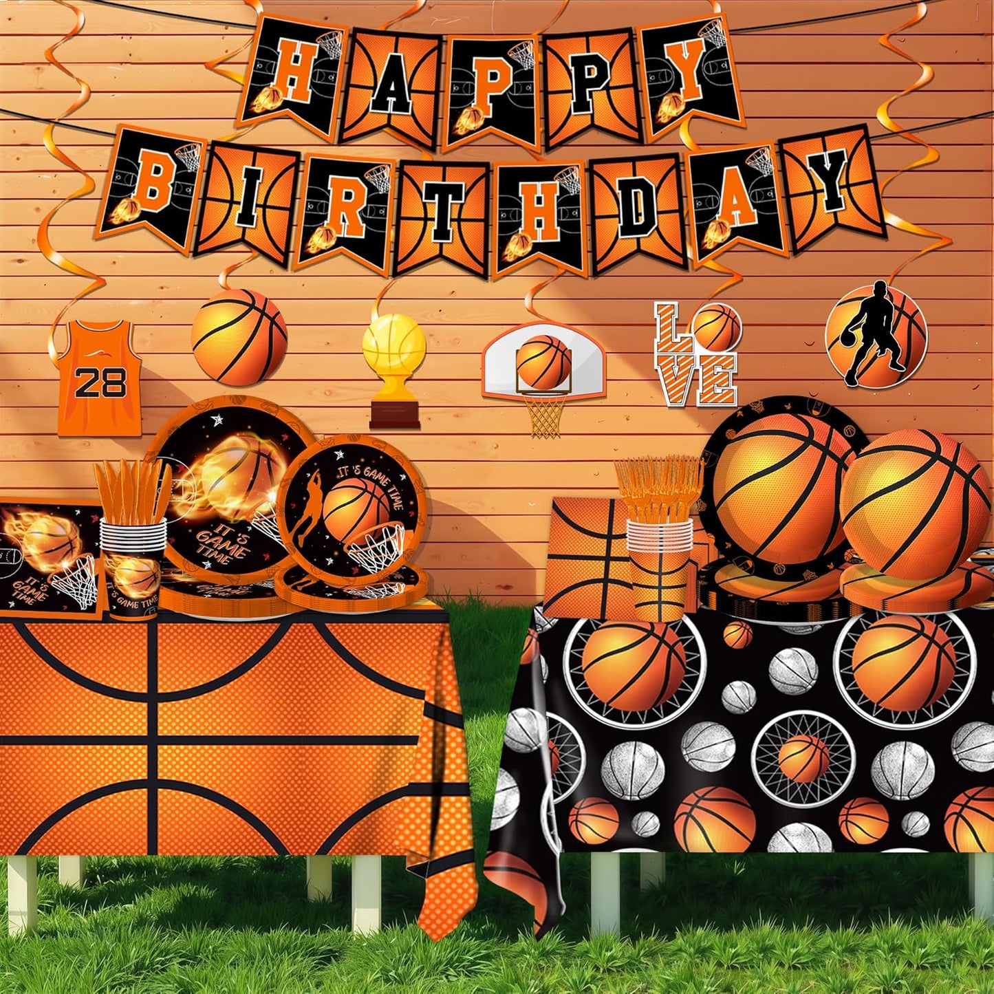 129pcs Basketball Birthday Party Supplies Basketball Party Decorations Plates Napkins Tablecloth Banner Hanging Swirls for Basketball Sports Theme Birthday Party Decorations Serves 20
