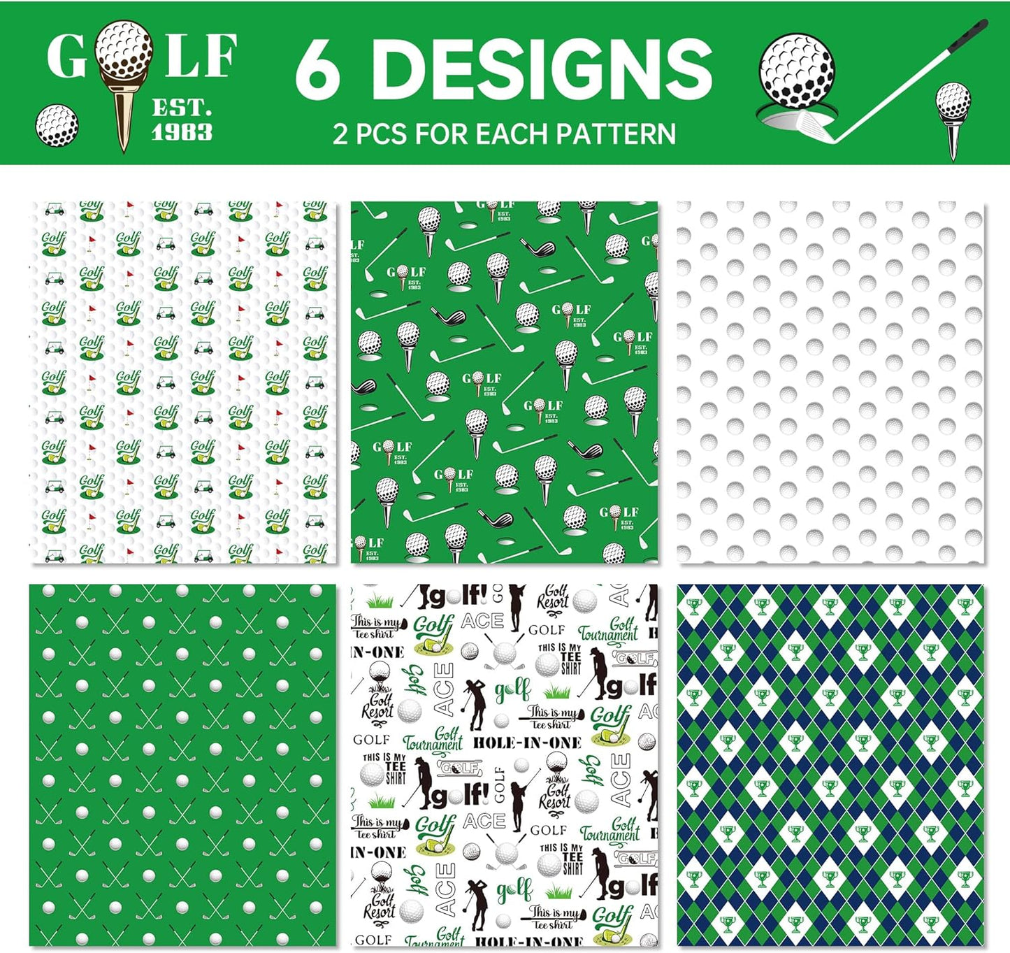 Golf Wrapping Paper for Men Boys, 12 Sheets Blue Green Sports Golfing Gift Wrap Paper with Sports Golfs Clubs Balls Carts Green Argyle Champions Plaid Pattern Designs Golfs Gift Papers, 20'' x 27''