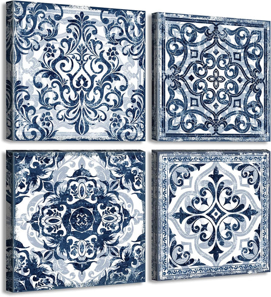 DJSYLIFE Bathroom Wall Decor Navy Blue Flower Paintings Canvas Prints Decoration Vintage Wall Art for Bedroom Framed Ready to Hang 12" Wx12 Hx4 pcs