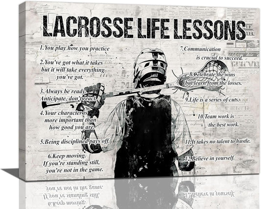 Lacrosse Sports Wall Art Life Lessons Sign Retro Poster for Boy Men Room Motivational Decorations Canvas Print Painting Artwork for Bedroom Bathroom Living Room 16"x12"