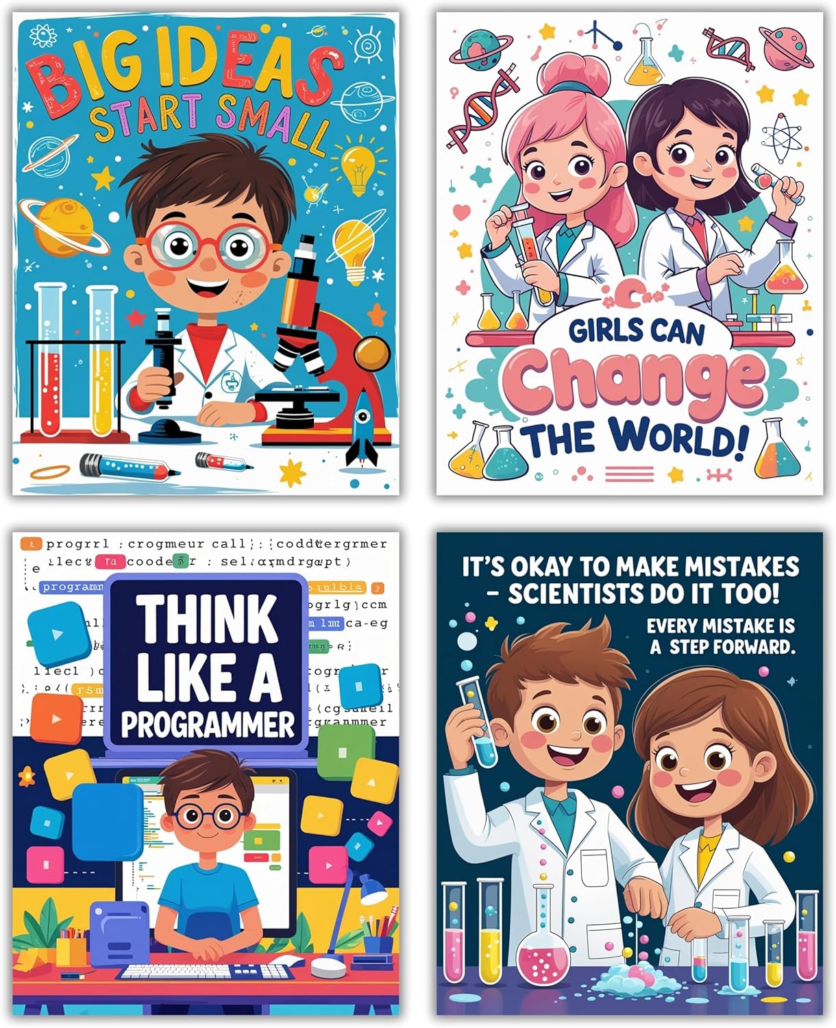 CNTG Design Motivational STEM Posters – Set of 4, 8x10 Inch Unframed Wall Art – Inspirational Science & Programming Quotes for Classroom, Study Room, or Office Decor (STEM Learning)