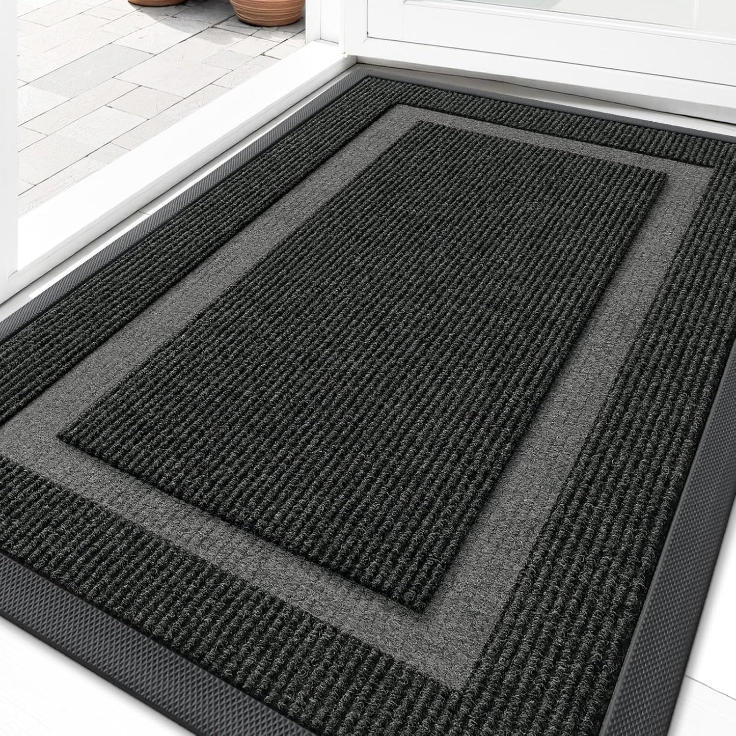 OLANLY Front Door Mat Indoor Outdoor Entrance, Waterproof All-Season, All-Weather Doormat, Sturdy Natural Rubber, Fade Resistant, Low Profile, Easy Clean Patio Porch Entryway Mat, 29.5x17, Black
