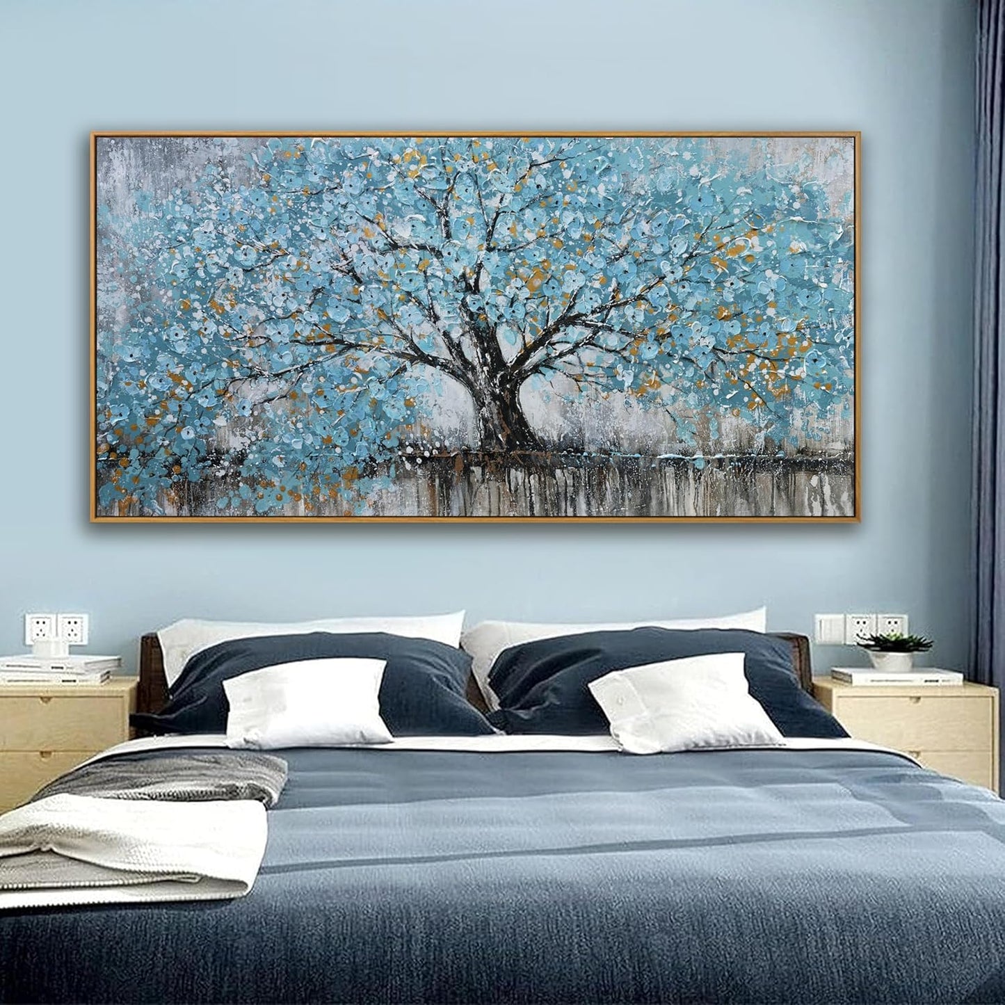 Large Wall Art Teal Blue Abstract Tree Of Life Framed Modern Artwork Canvas Painting Textured Tree Pictures Wall Decor Home Decor Wall Ready To Hang For Bedroom Living Room Size 29"X58"