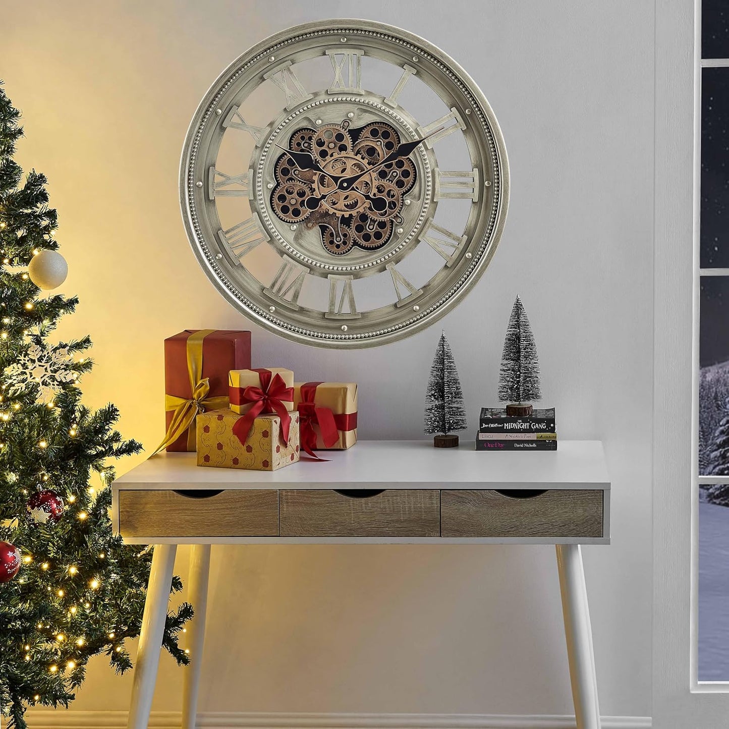 CLXEAST 24 Inch Wall Clock with Moving Gears, Oversized Large Roman Numeral Wall Clocks for Living Room Decor,Antique Champagne Finish,House Warming Gifts New Home