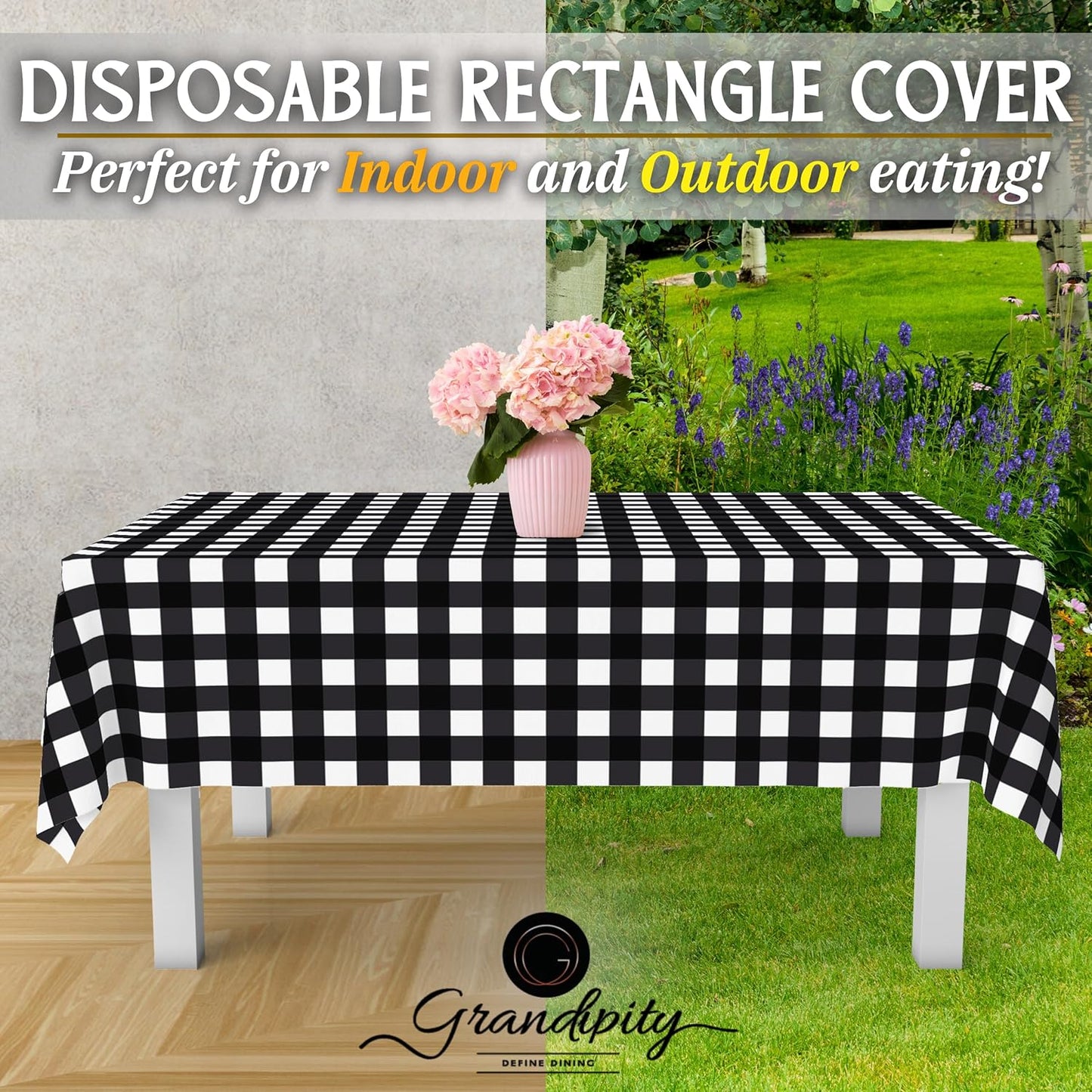 Grandipity 12 Pack Premium Disposable Plastic Tablecloth 54 Inch. x 108 Inch. Decorative Rectangle Checkered Table Cover - Black Checkered Gingham