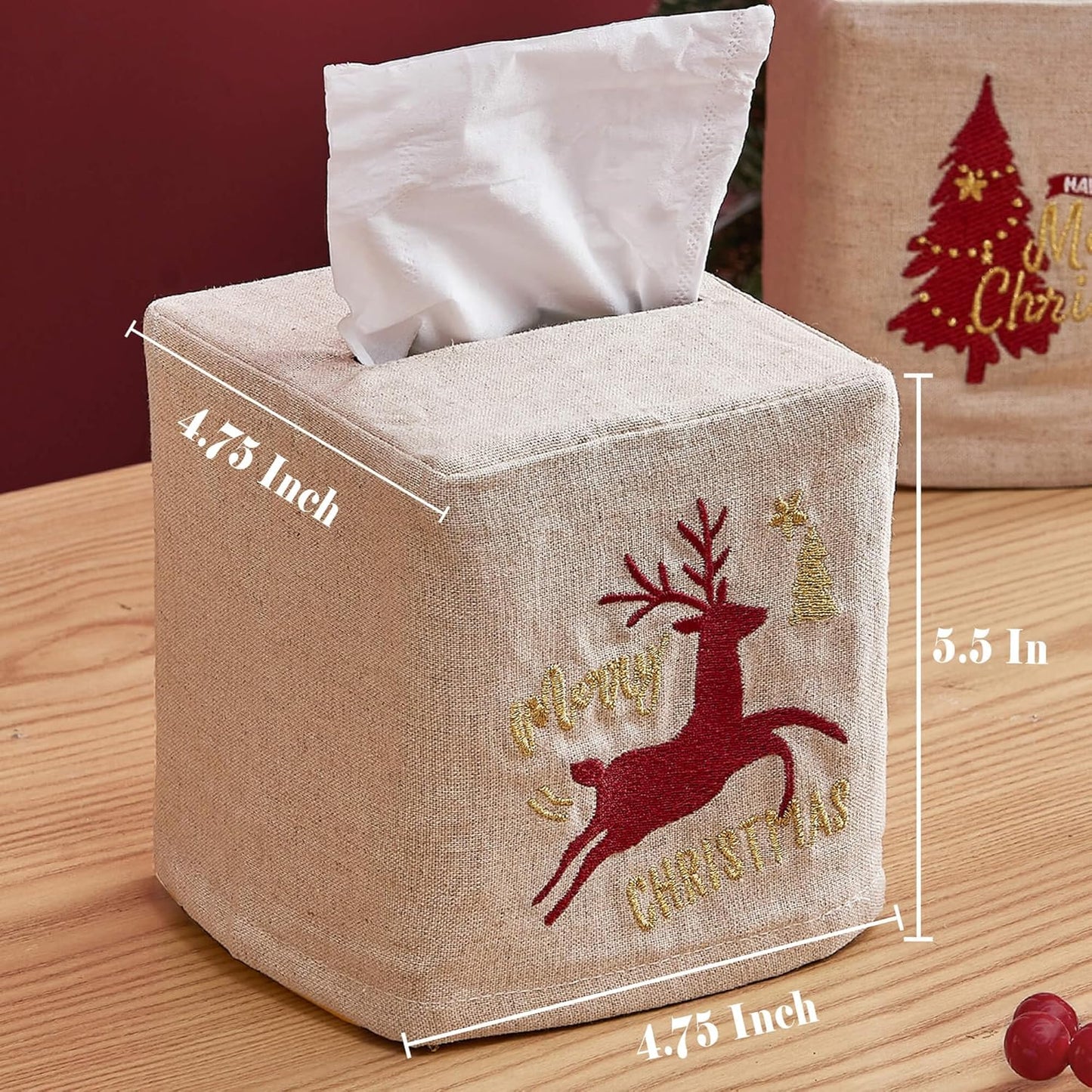 Christmas Linen Tissue Box Cover - Square Embroidered Gifts Boho Cube Holder for Bathroom Rectangle Cover Set Merry Xmas